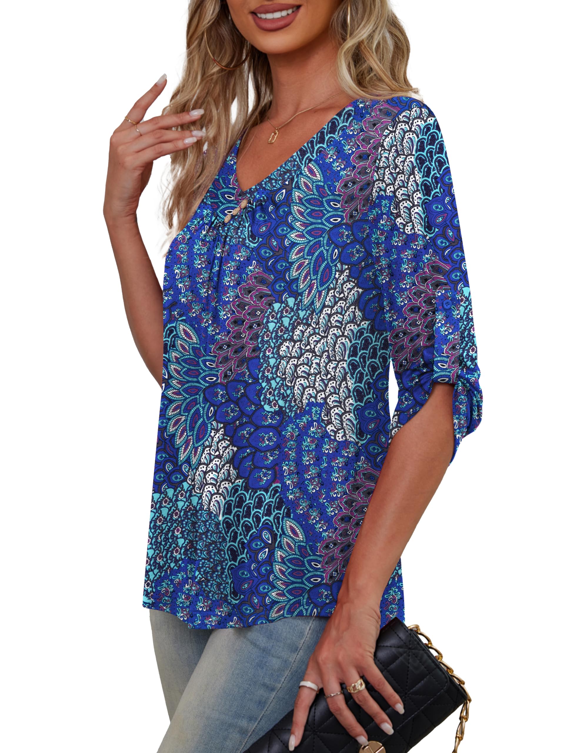 FOLUNSI Women's Plus Size 3/4 Roll Sleeve Blouse V-Neck Casual Tunic Top for Work, Office & Everyday Wear | Flowy Loose Fit Tops for Women