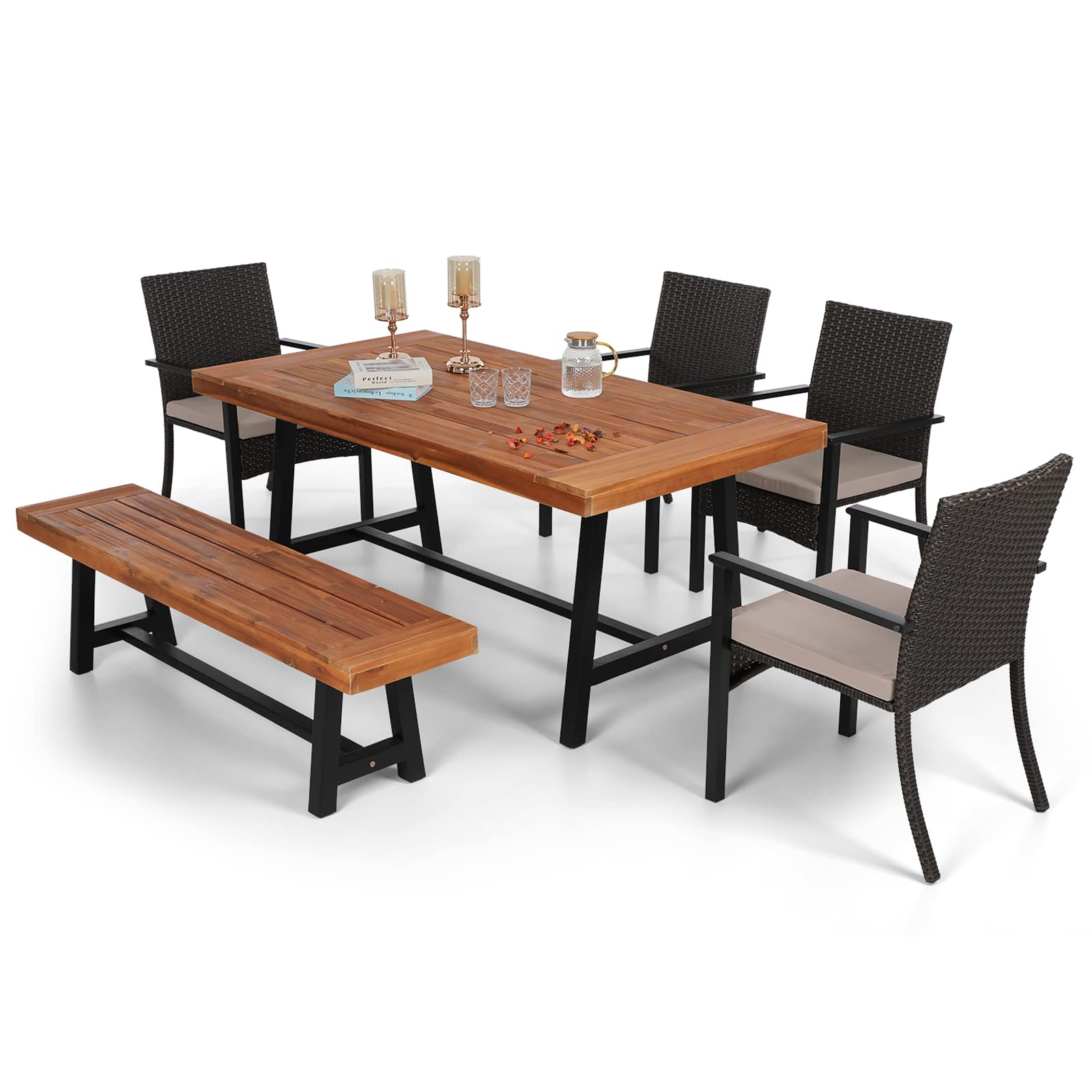 Sophia & William 6-Piece Outdoor Patio Dining Set - PE Rattan Chairs with Cushions, Acacia Wood Table & Bench - Modern Conversation Furniture for Porch, Balcony, Backyard - Perfect for Family Gatherings & Outdoor Entertaining