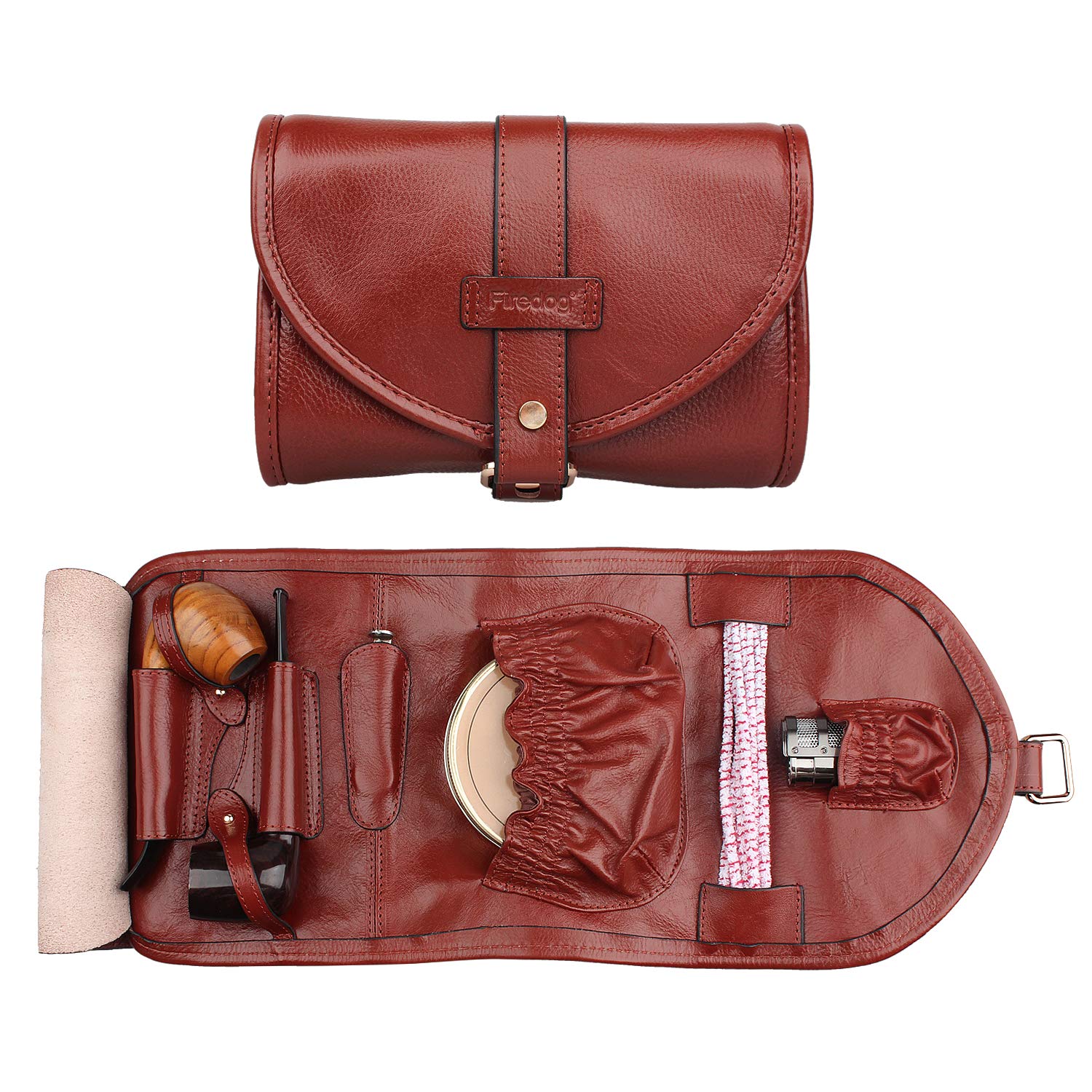Handmade Genuine Leather Tobacco Pouch - Vintage Pipe Organizer Case with Lighter Holder & Tool Pocket (Fits 2 Pipes) - Perfect for Pipe Smokers, Collectors & Outdoor Enthusiasts