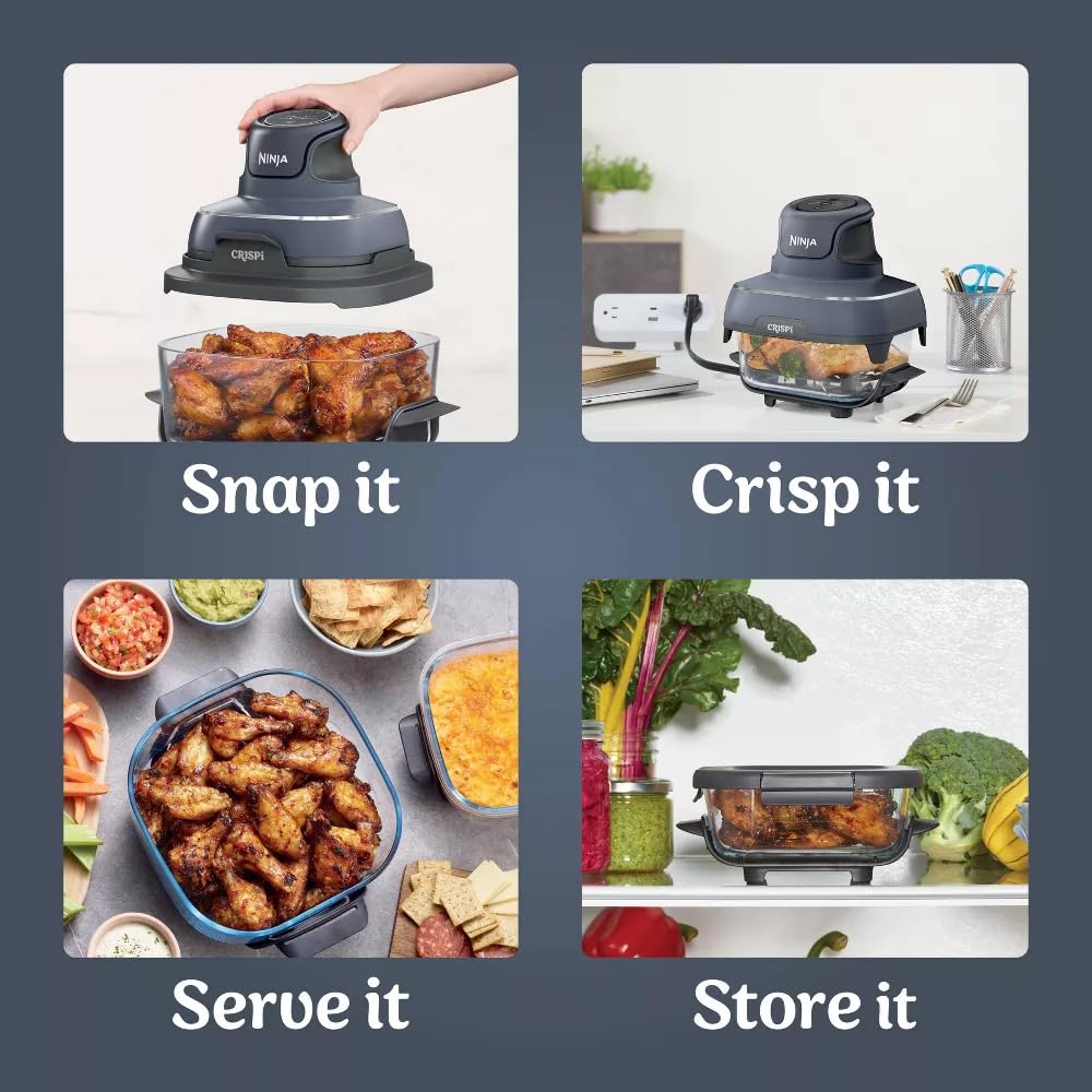 Ninja Crisp FN101GY 4-Qt 1750W Electric Air Fryer & Portable Cooking System - Microwave, Freezer & Dishwasher Safe Glass Containers - Bake, Roast & Reheat - Includes 6-Cup Glass Containers with Lids (Grey) - Perfect for Small Kitchens, Dorms & Quick Healthy Meals