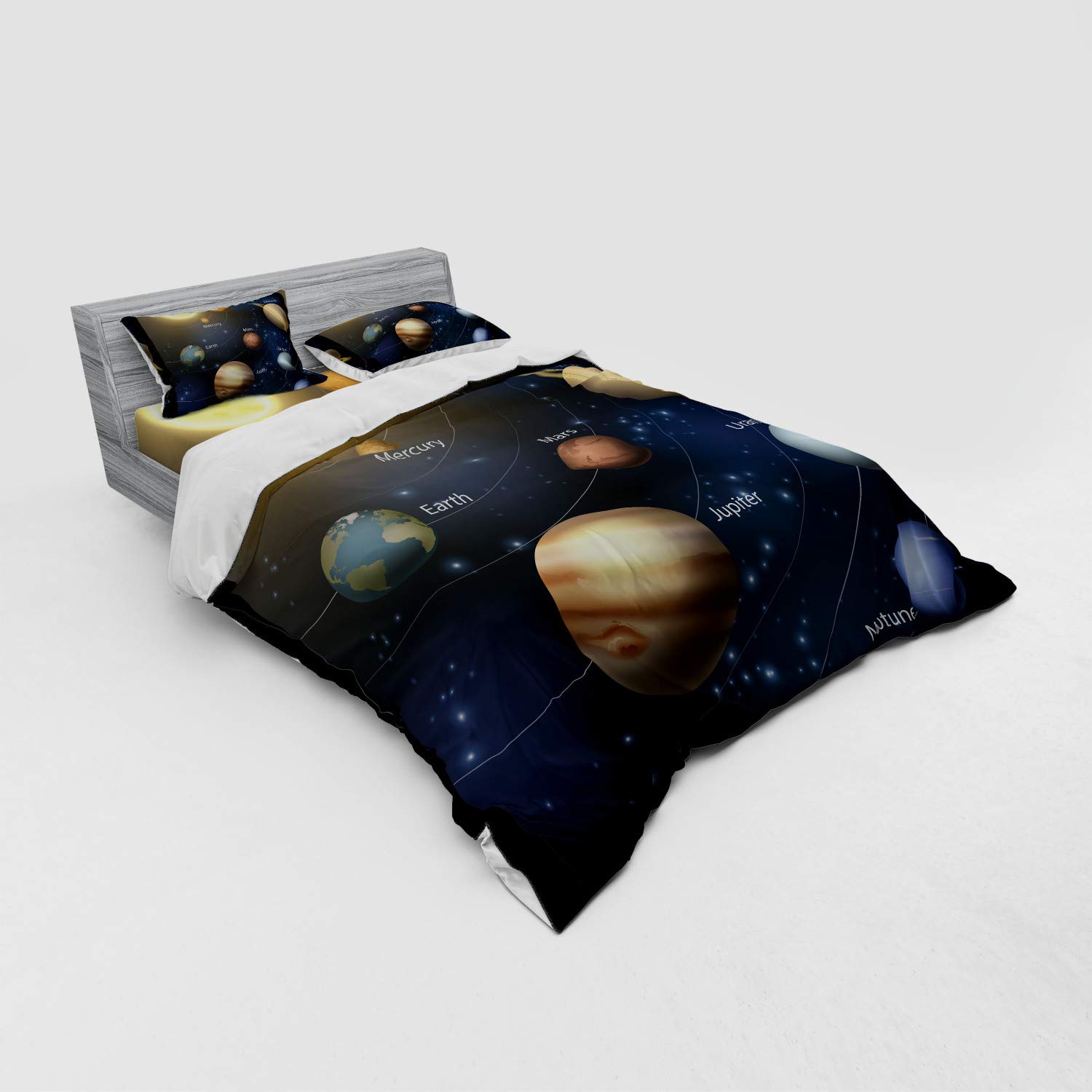 Ambesonne Solar System Duvet Cover Set - Queen Size 3-Piece Bedding with Sham & Fitted Sheet | Realistic Astronomy Space Design with Sun & Planets | Perfect for Space-Themed Bedrooms, Kids Rooms & Science Lovers