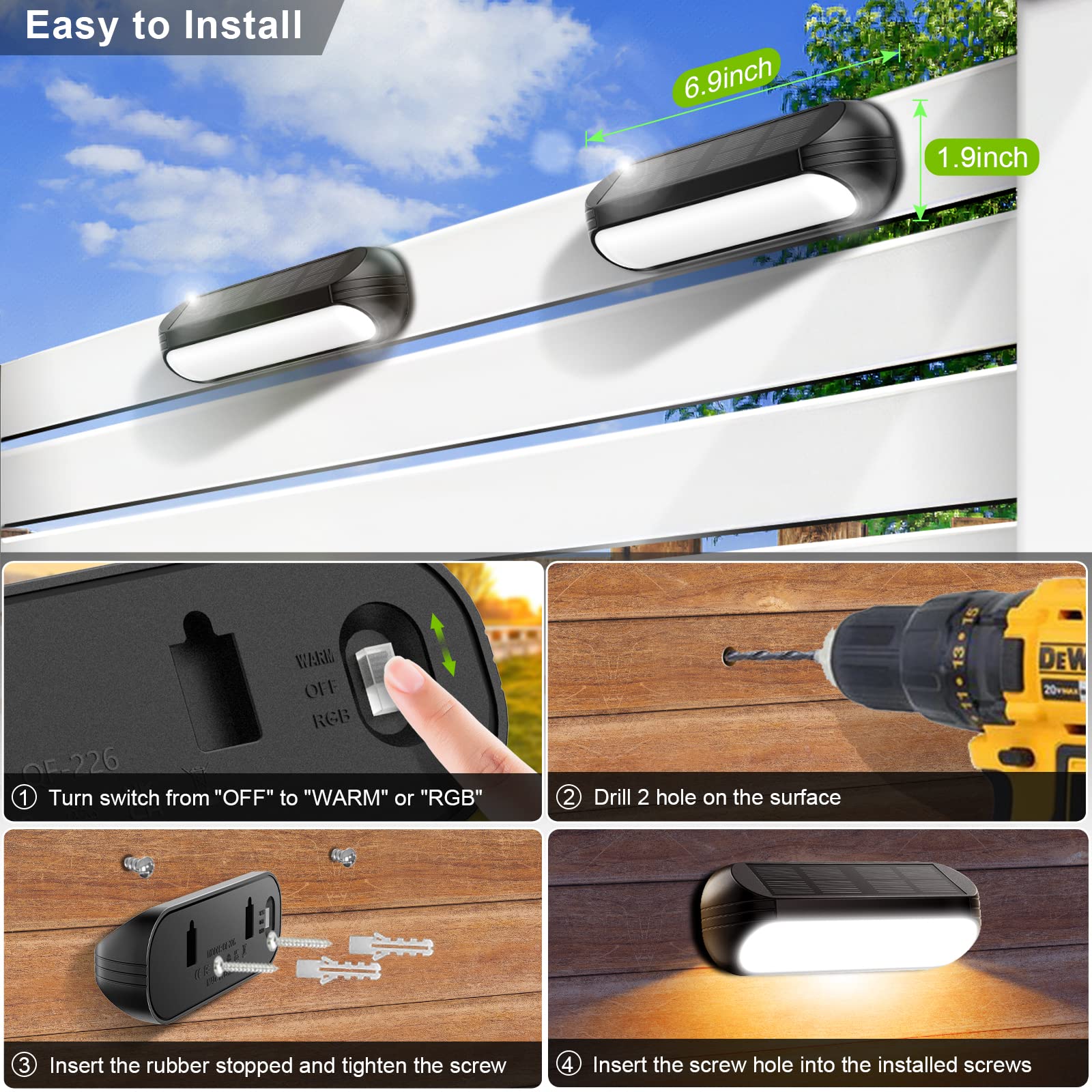 WdtPro Solar Fence Lights Outdoor Waterproof - 4 Pack Bright Solar Deck Lights with Warm White & RGB Modes, LED Solar Step Lights for Stairs, Steps, Deck, Fence, Pool, Patio - Perfect for Garden, Pathway, and Landscape Lighting