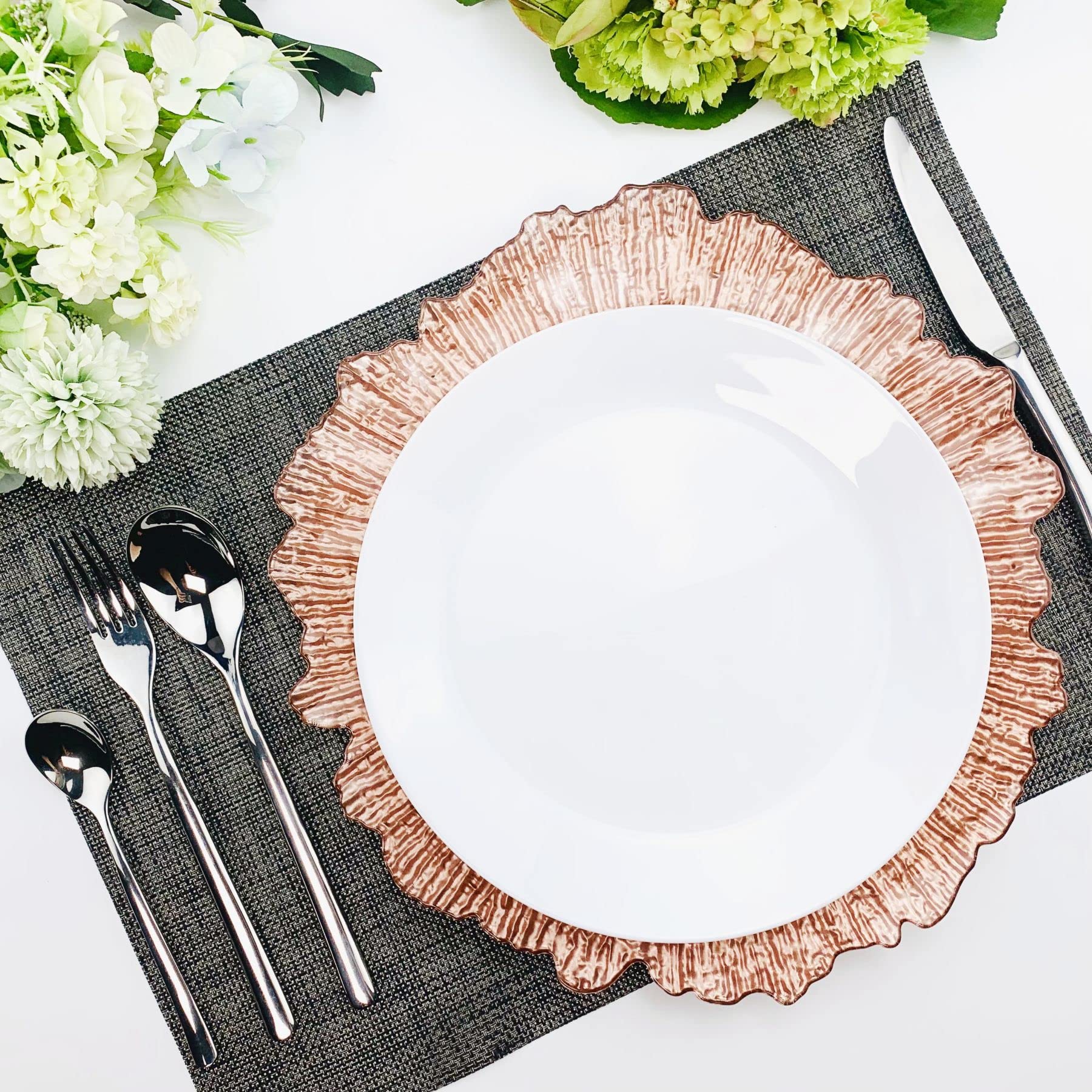Aniel's 13-Inch Rose Gold Acrylic Charger Plates Set of 6 - Elegant Plastic Round Dinner Plates for Wedding, Party & Holiday Table Decor - Premium Surface Reef Design for Formal Dining & Special Occasions