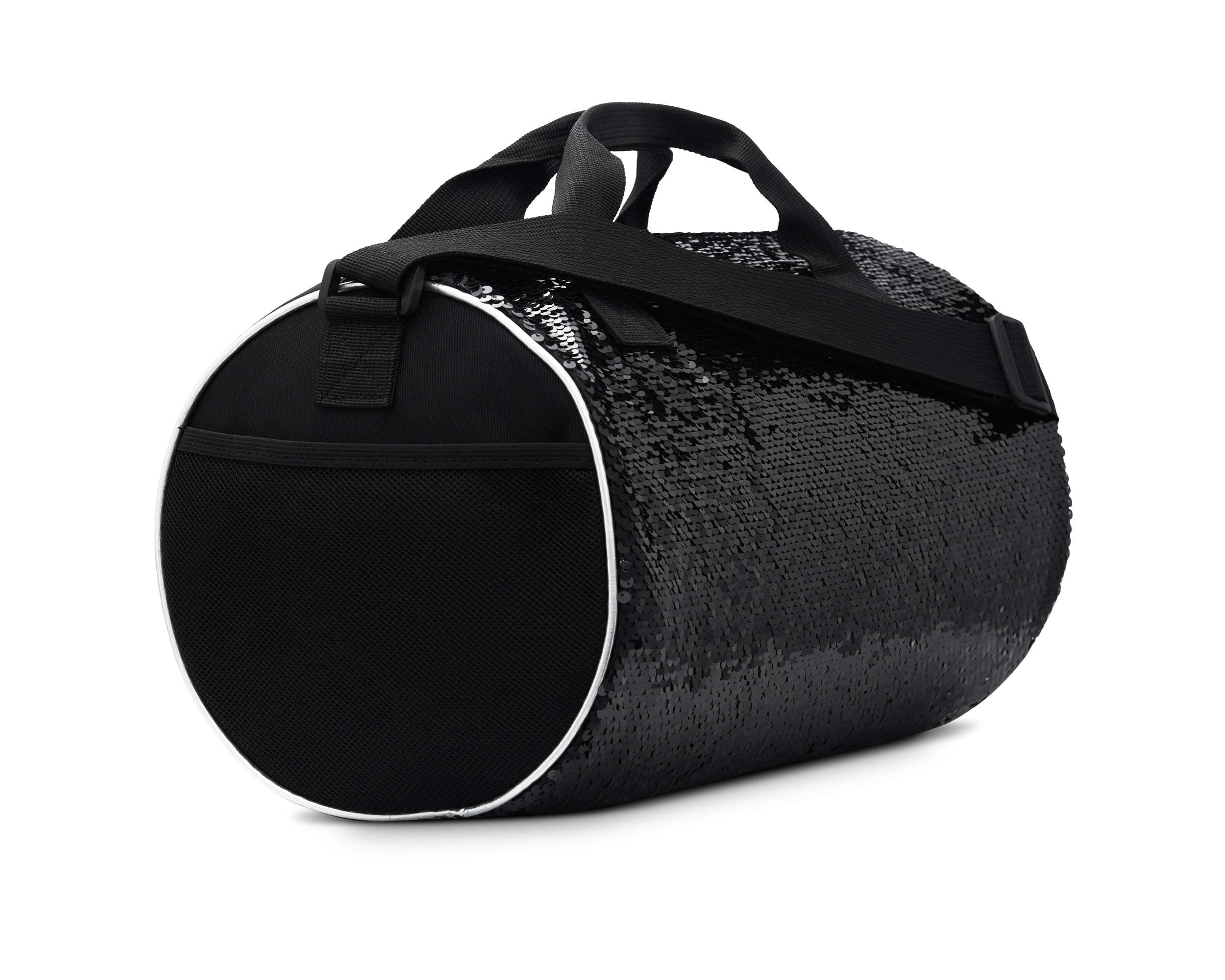Reversible Sequin Dance Duffle Bag for Girls Kids Teens - Adjustable Carry On Weekender Travel Bag with Handy Pouch (16 Inch, Black Silver) | Perfect for Dance Classes, Sleepovers & Weekend Getaways