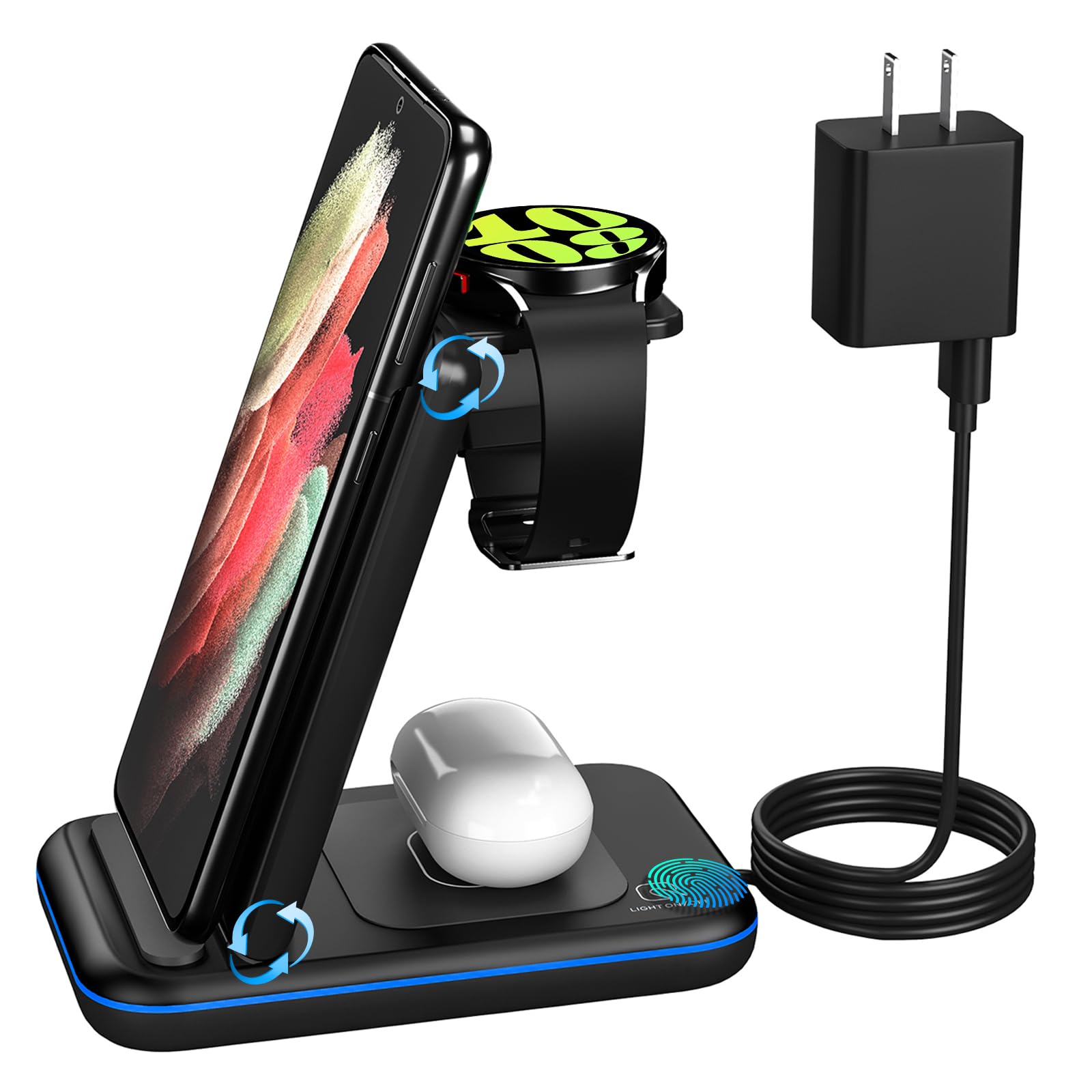 HOLYJOY 3-in-1 Foldable Wireless Charging Station - Fast Charger for Samsung S25 Ultra/S24/Note 20, Galaxy Watch 7/6/5/4/Active 2 & Buds - Portable Travel Charger for Android Phones (Black) | Perfect for Home, Office & Travel Use
