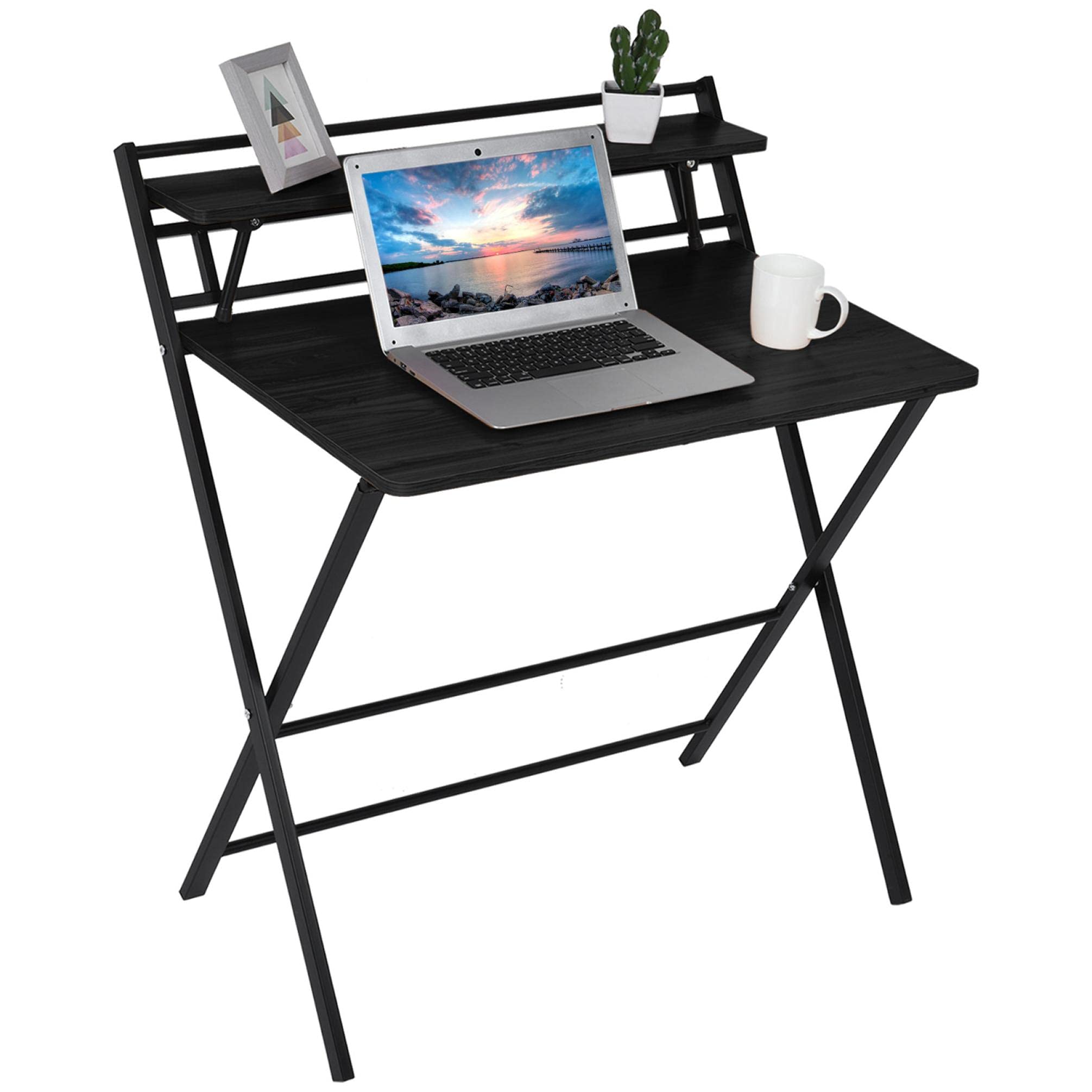 2-Layer Folding Desk for Small Spaces - No Assembly Required Home Office Desk with Shelf | Compact Foldable Computer Table for Laptops (Black) | Perfect for Apartments, Dorms & Workspace Saving Solutions