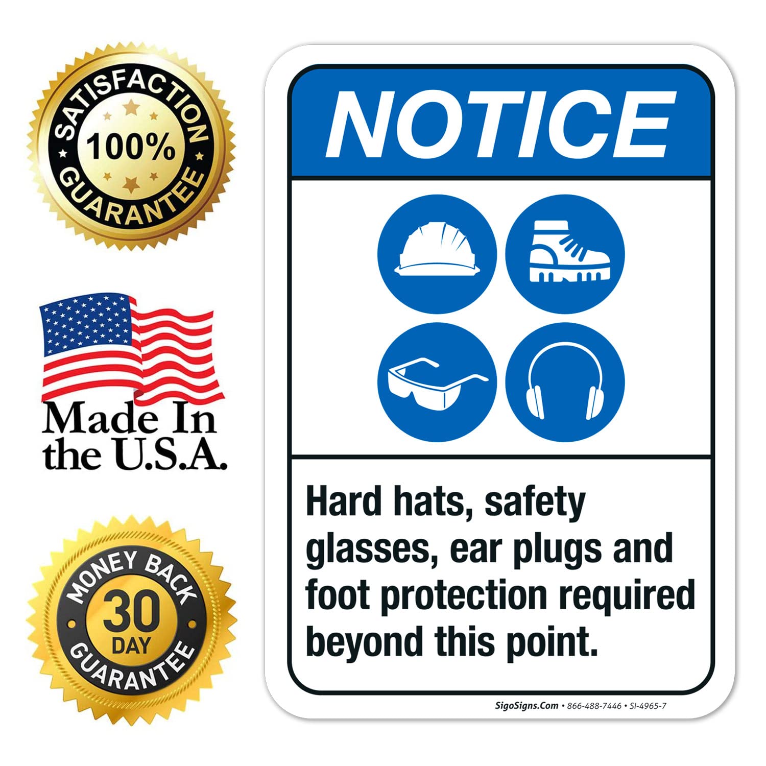 ANSI Safety Sign - Hard Hats, Safety Glasses, Ear Plugs & Foot Protection Required - 10x7 Inch Vinyl Decal Sticker - Weatherproof & UV Resistant - Made in USA - Perfect for Construction Sites, Warehouses & Industrial Workplaces