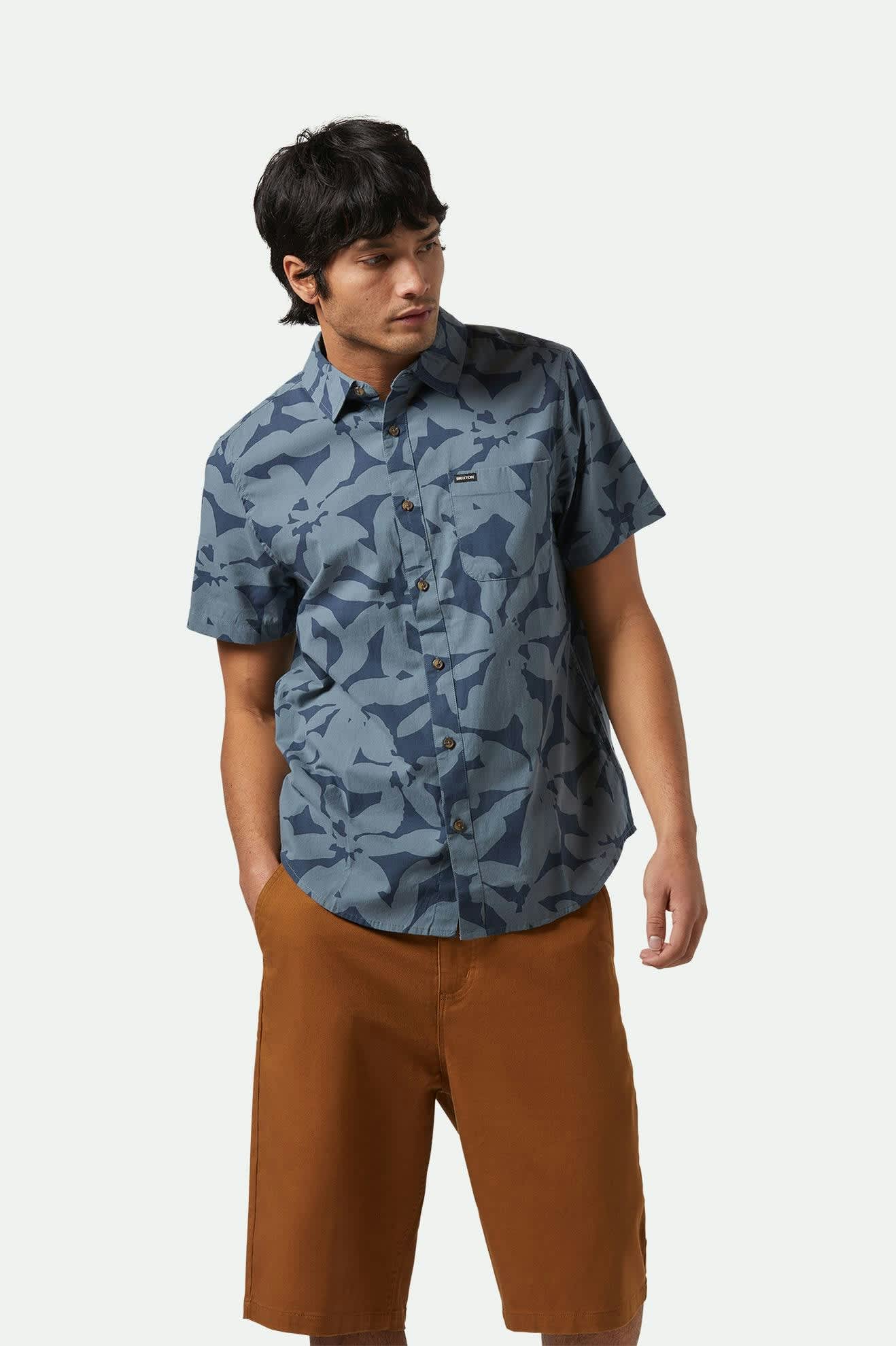 Floral Print Short Sleeve Shirt for Men - Washed Navy & Azure Blue - Casual Summer Wear, Beach Outfit, and Outdoor Activities