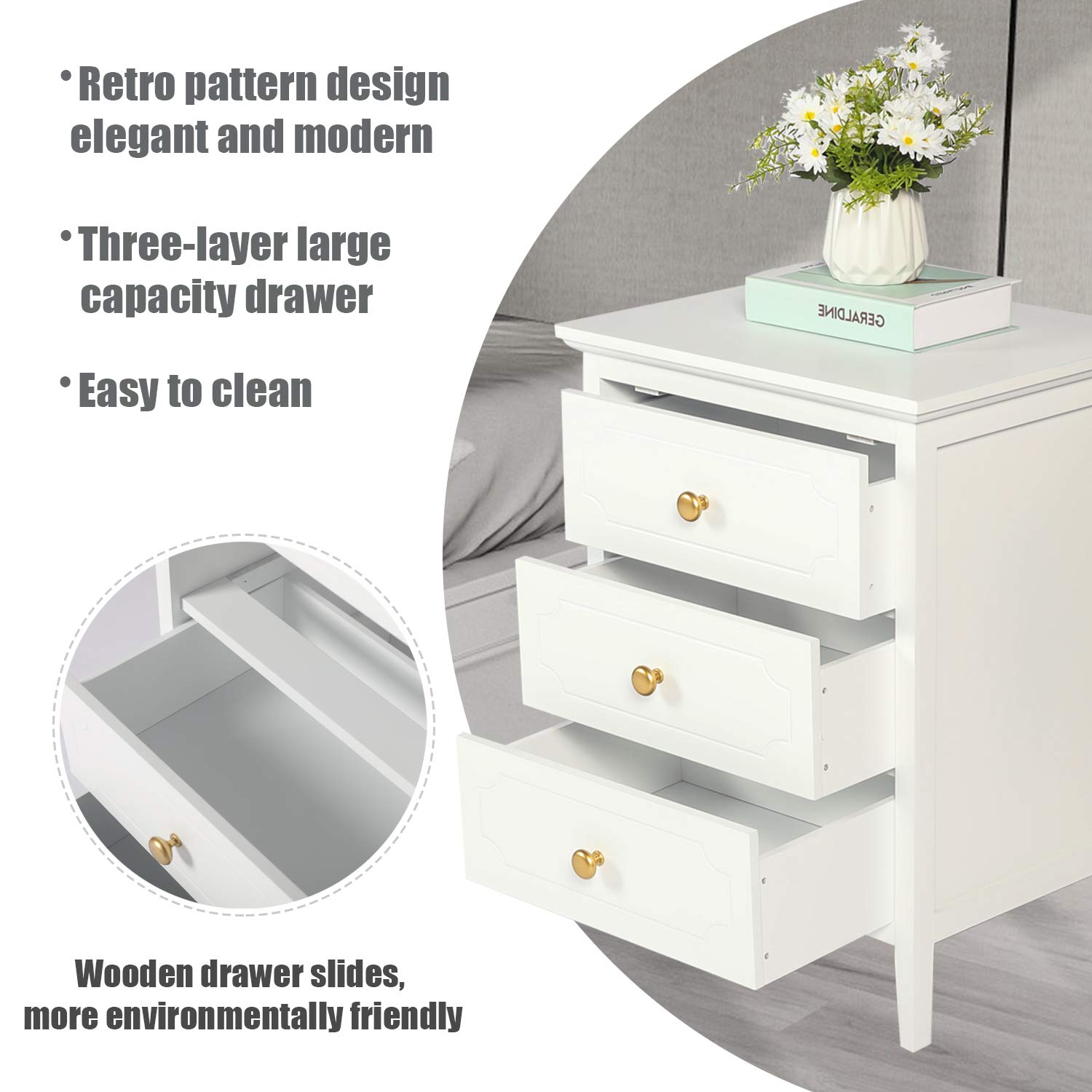 YIGOBUY White Nightstand with 3 Drawers - 18.8 Inch Bedside Table with Storage for Bedroom & Living Room - Solid Wood End Table with White Finish (Set of 2) - Perfect for Small Spaces, Apartment Decor & Guest Room Furniture