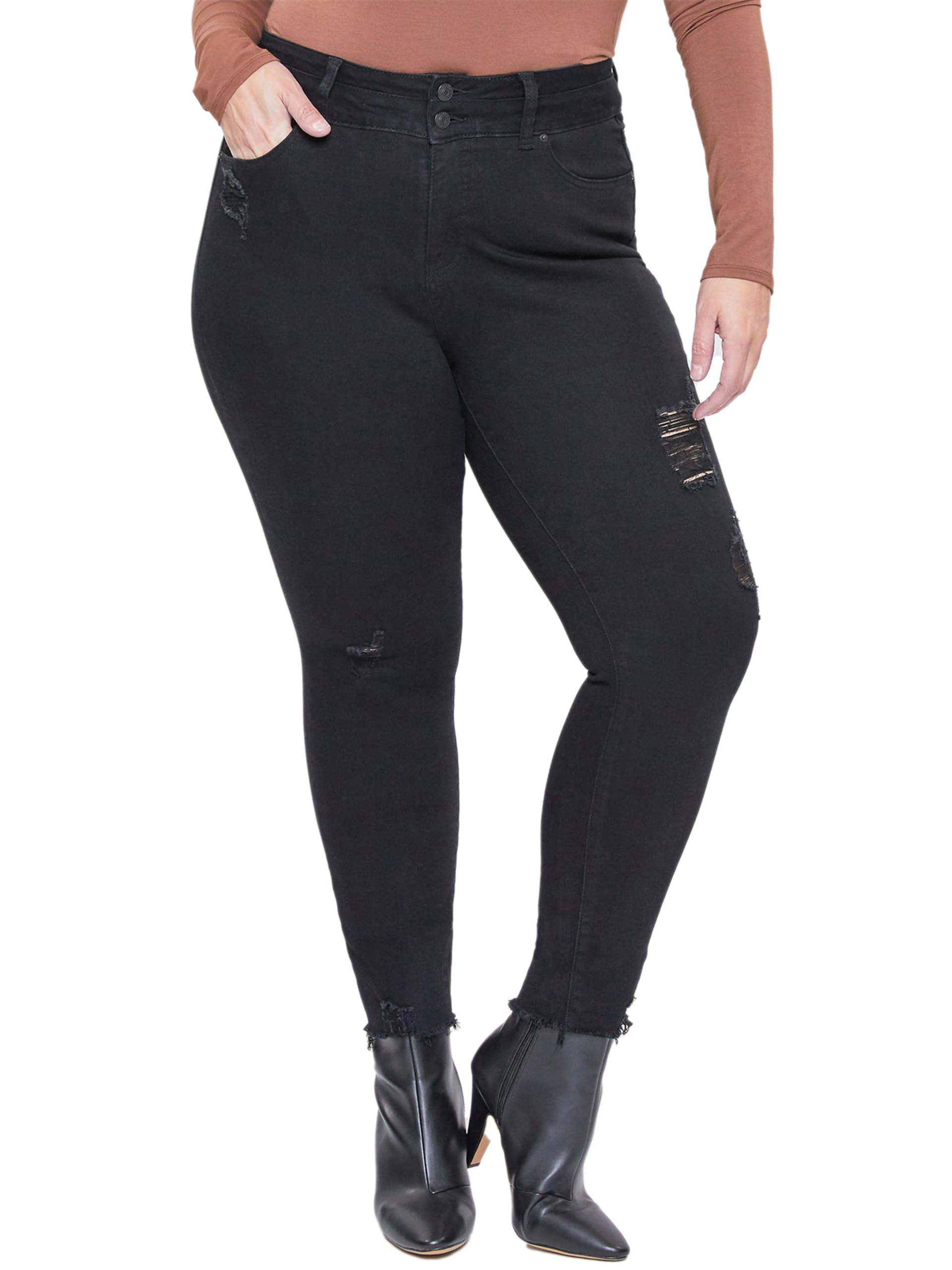 Royalty For Me Women's Plus Size Essential Seamed Waistband Frayed Ankle Jeans - Comfortable Stretch Denim Pants for Casual Wear & Everyday Outfits