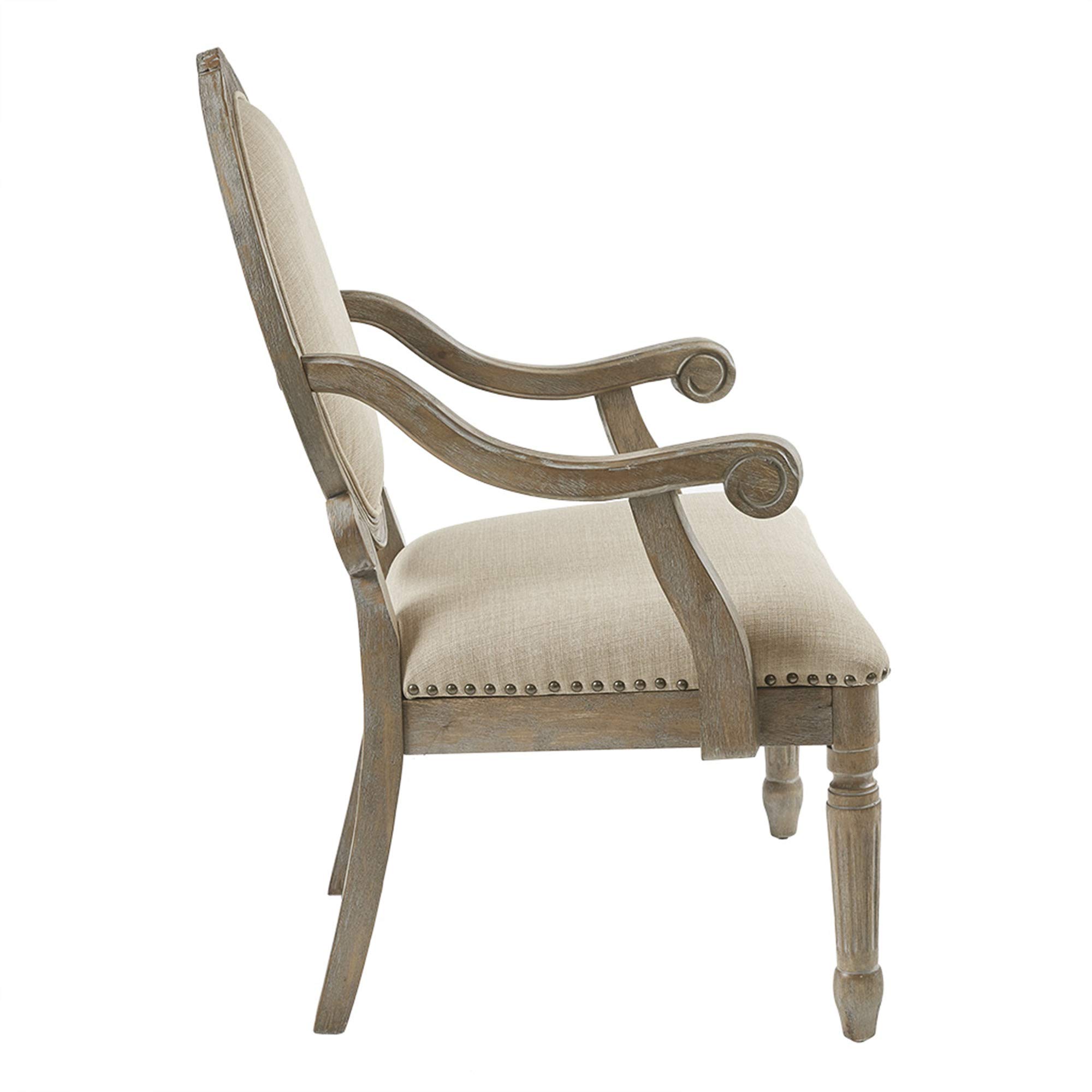 Madison Park Brentwood Accent Chair - Birch Hardwood Frame, Hand Carved Scroll Design, Modern Classic Style Armchair for Living Room, Bedroom & Lounge - Medium Beige Upholstered Sofa Chair - Perfect for Reading Nook, Home Office or Cozy Corner Decor