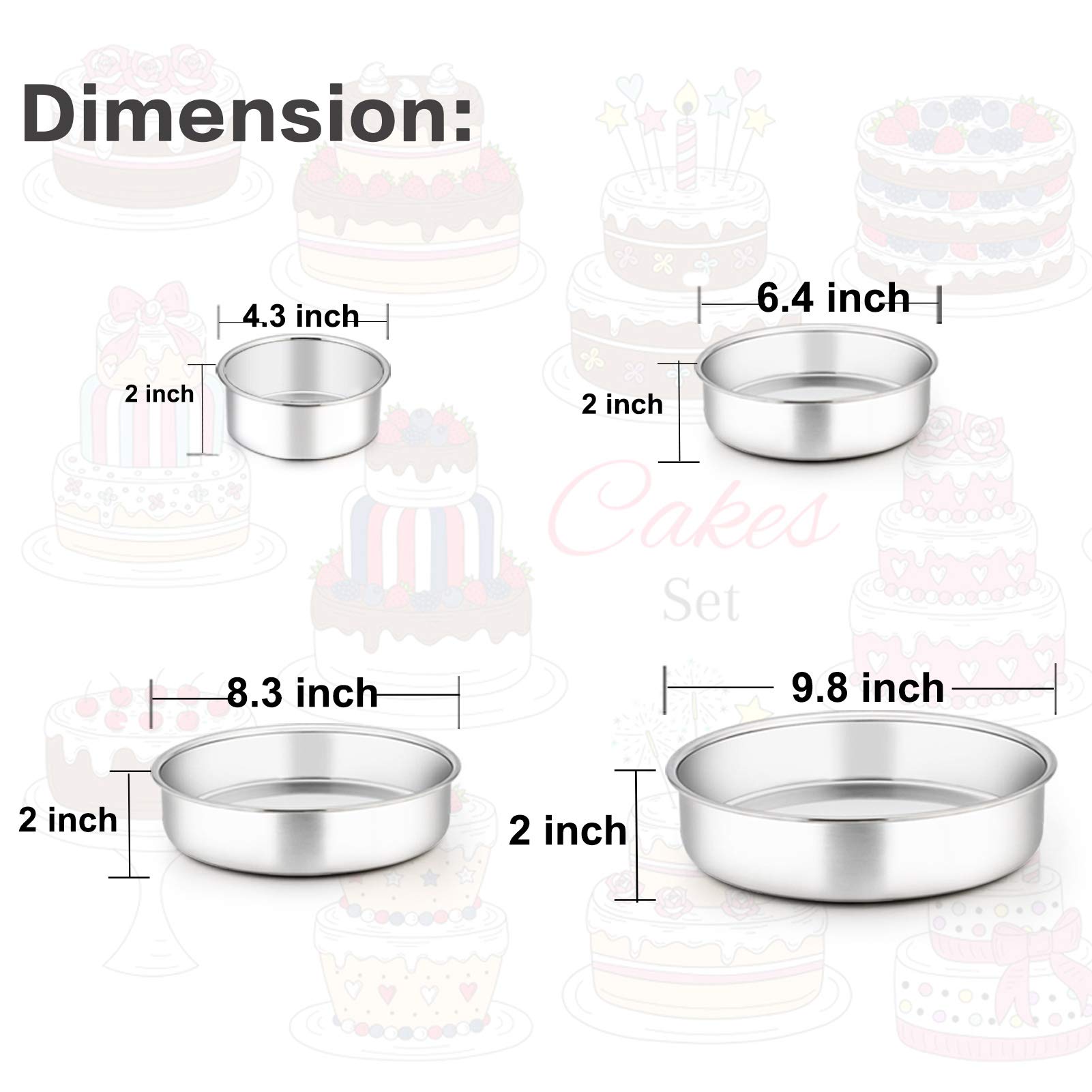 TeamFar Stainless Steel Round Cake Pan Set (4'', 6'', 8'', 9.5'') - Heavy Duty Tiered Baking Pans for Cakes, Steaming & Serving | Oven & Dishwasher Safe | Perfect for Birthday Cakes, Wedding Cakes & Home Baking (Set of 4)