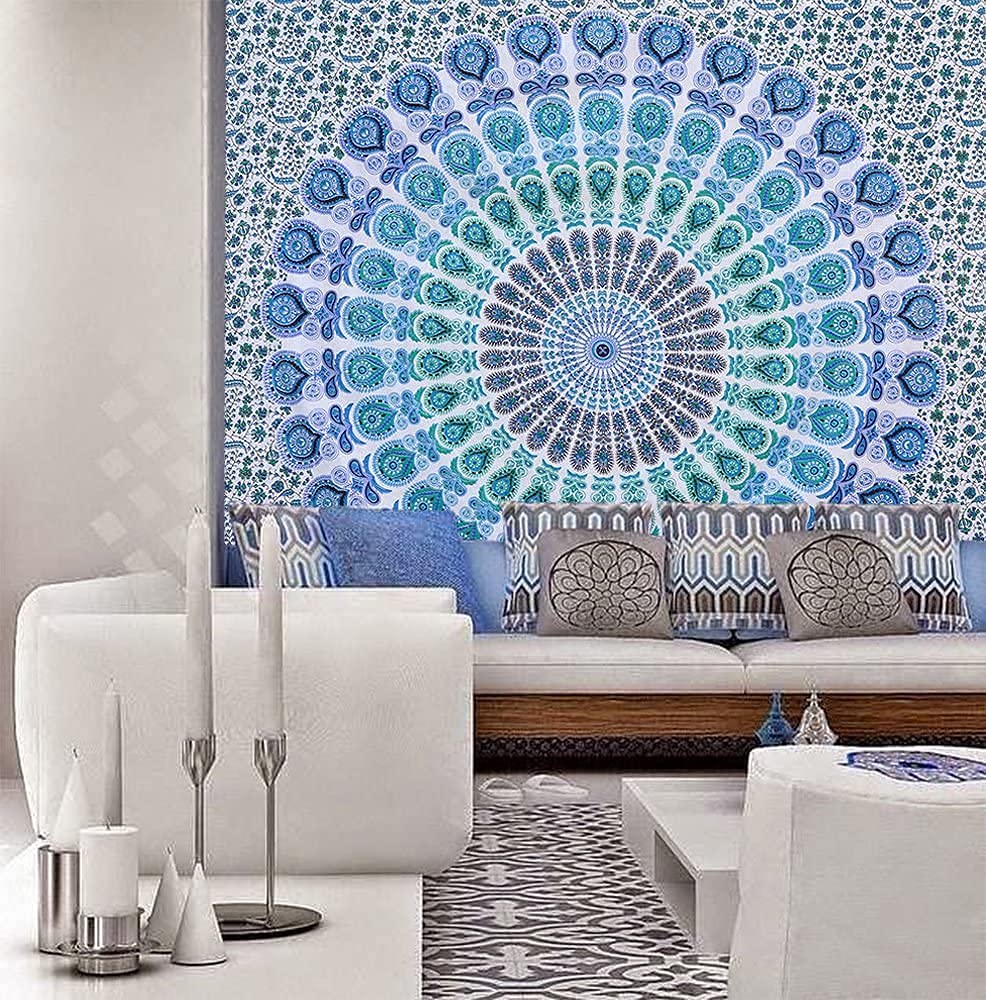 Bohemian Mandala Wall Hanging Tapestry - Peacock Sky Blue Hippie Decor (30x40 Inches/76x101cm) for Bedroom, Dorm, Yoga Studio & Meditation Space