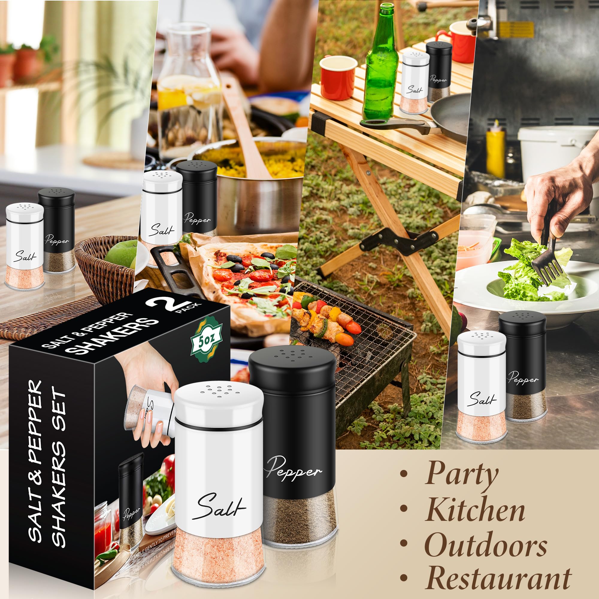 Premium Salt and Pepper Shakers Set - Refillable Stainless Steel Kitchen Accessories for Cooking & Dining | Elegant Black & White Design | Perfect Housewarming Gift, Christmas Present & Countertop Decor