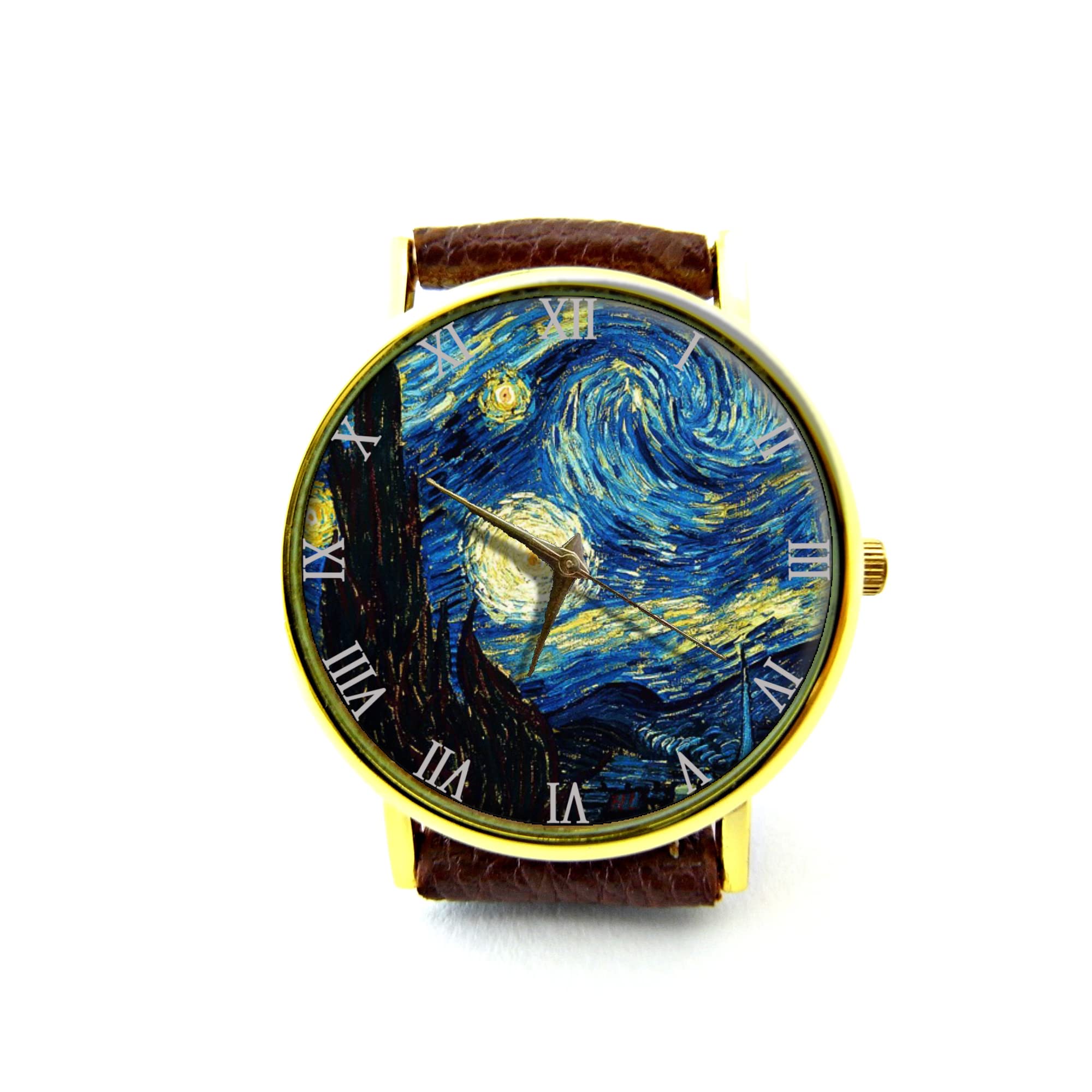 Van Gogh Starry Night Handmade Leather Watch - Genuine Leather Bracelet Watch for Men & Women - Artistic Vintage Timepiece - Perfect Gift for Art Lovers, Birthday, Anniversary - P071