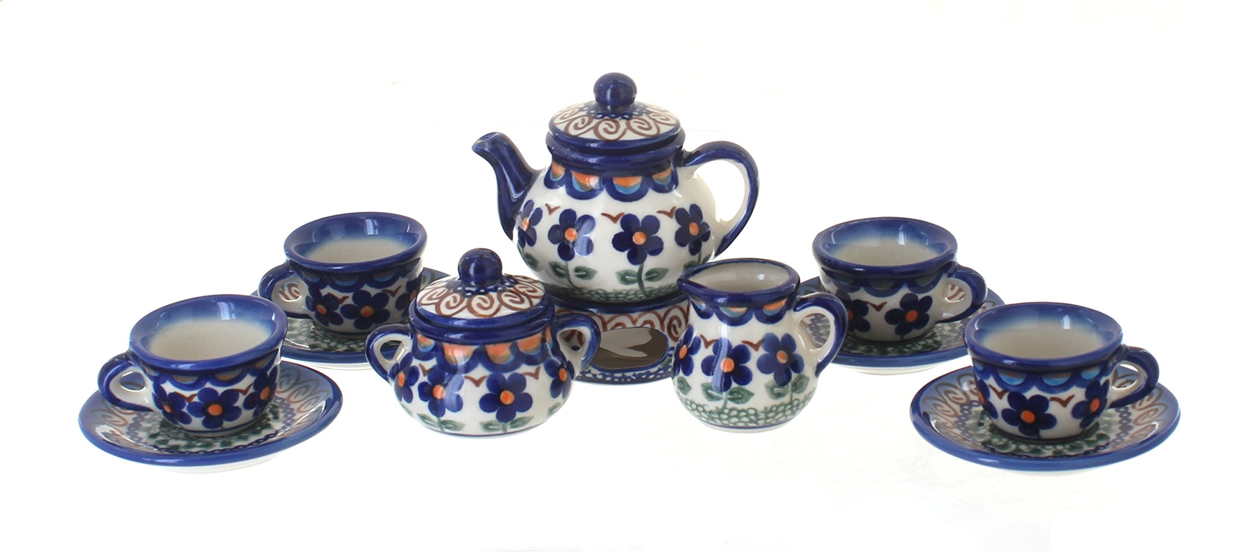 Blue Rose Polish Pottery Aztec Flower Miniature Tea Set - Handcrafted Ceramic Tea Cups & Saucers for Afternoon Tea, Collectibles & Home Decor