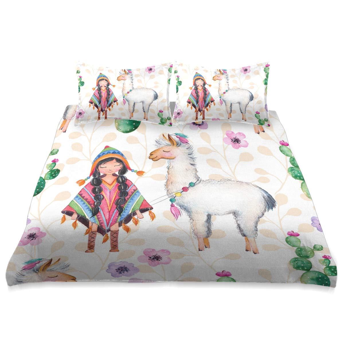 Cute Girl and Llama Comforter Set - Queen Size 90x90 Inches, All Season Soft & Comfortable Bedding Set for Girls Room, Teen Bedroom Decor, Cozy Home Essentials