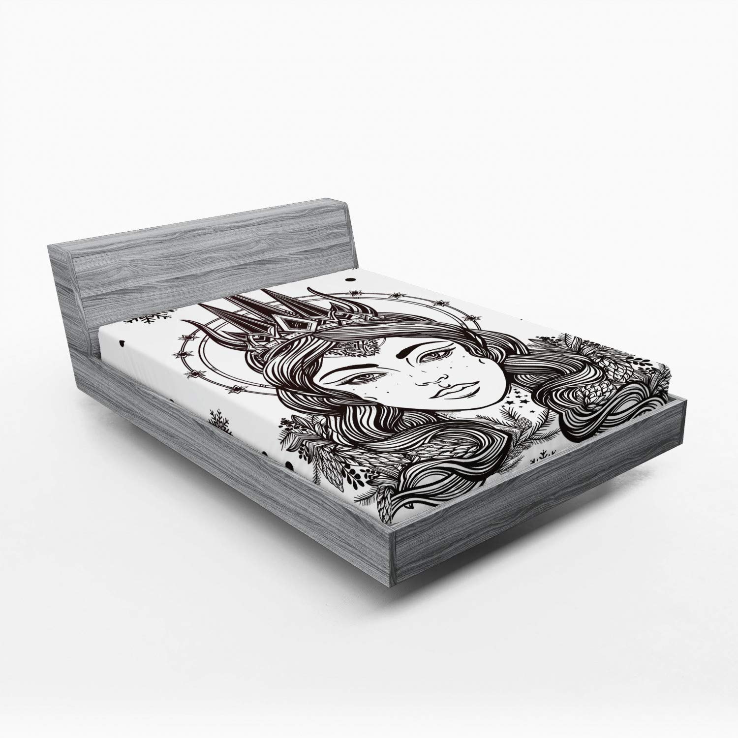 Ambesonne Queen Fitted Sheet - Winter Snow Queen Hand Drawn Art Bohemian Mythical Print Bedding, Deep Pocket Elastic All Around for Comfort, Queen Size White & Black - Perfect for Cozy Winter Nights & Boho Chic Bedroom Decor