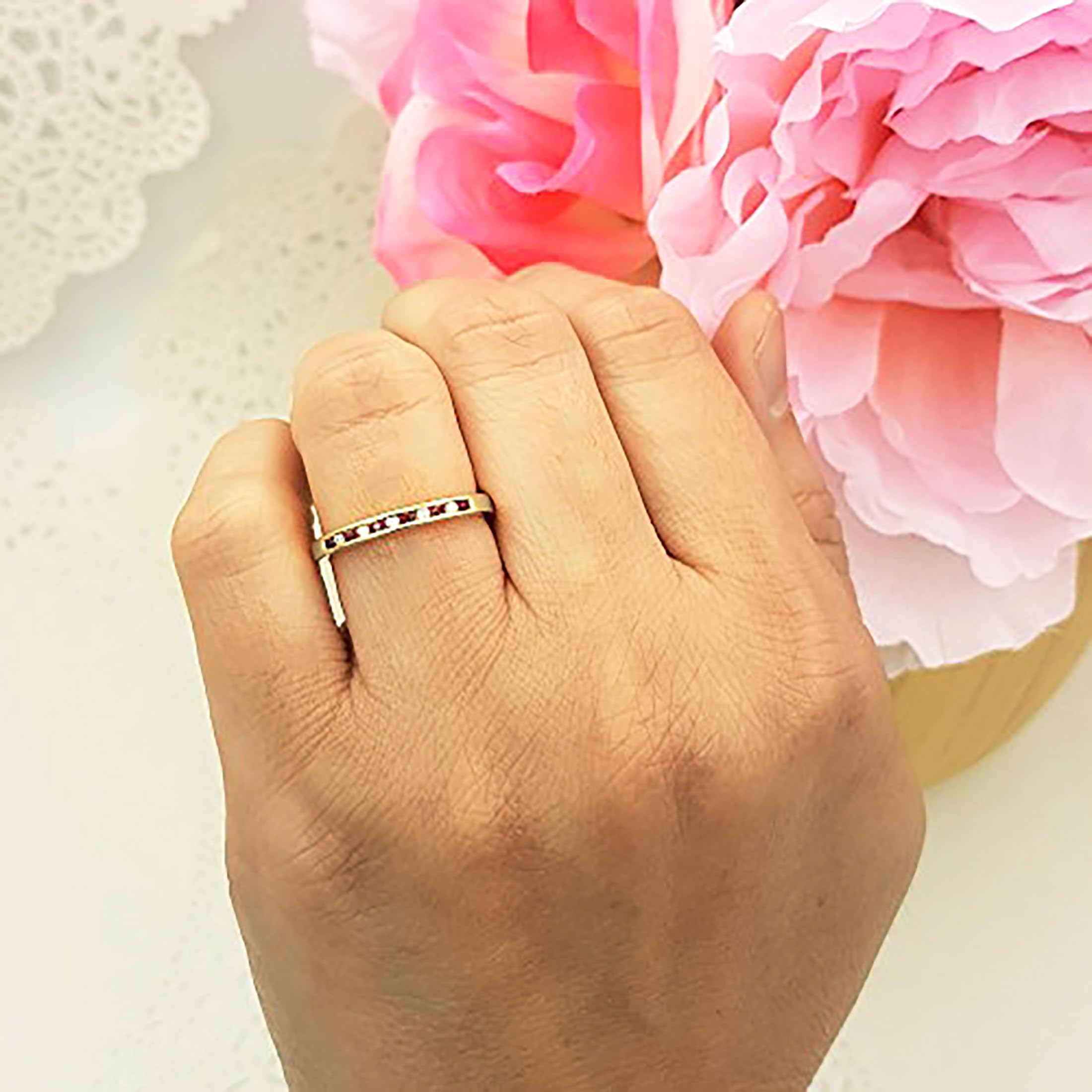 10K Solid Gold Round Ruby & White Diamond Women's Anniversary Wedding Band - Stackable Ring for Bridal, Engagement & Special Occasions | Dazzlingrock Collection