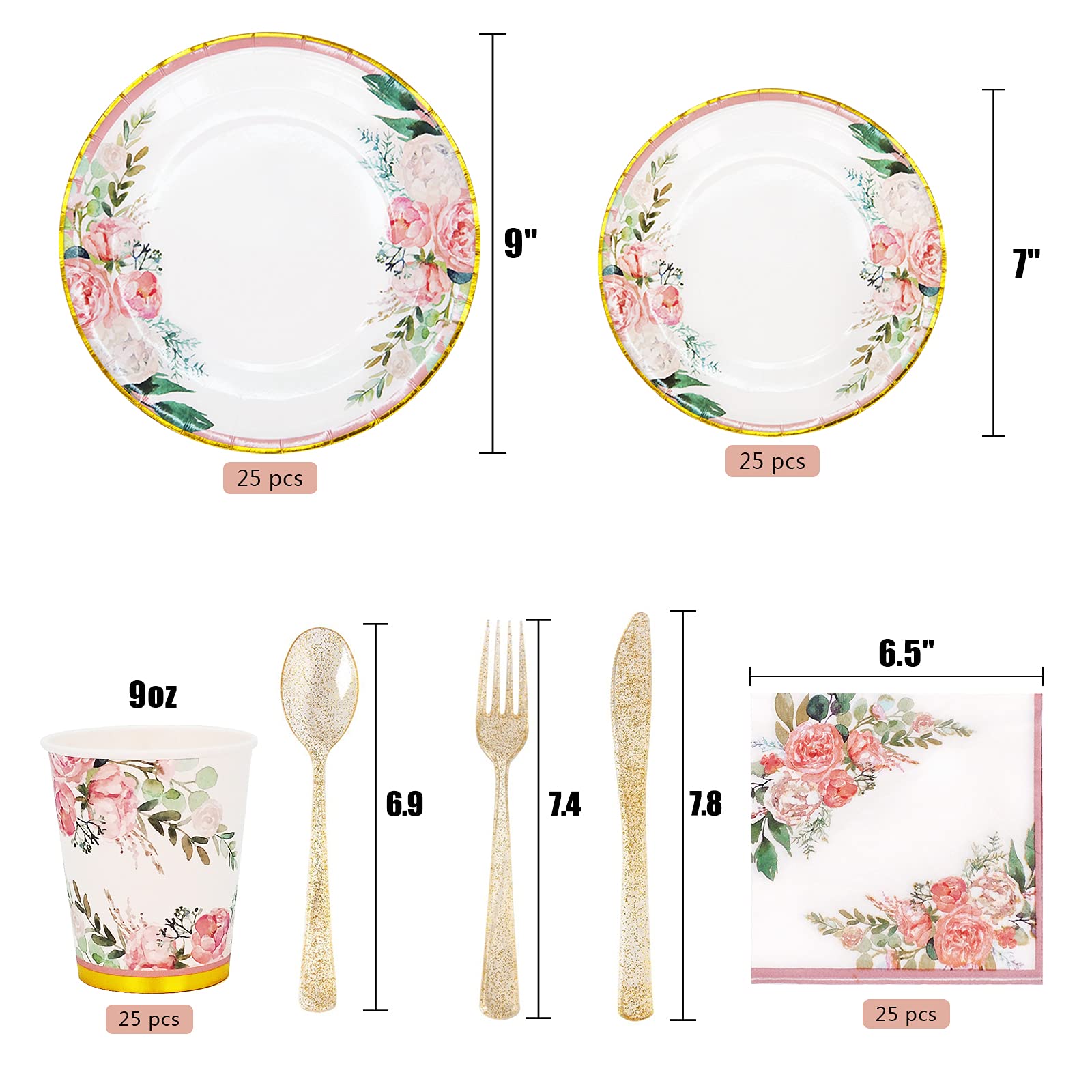 Floral Party Supplies Set for 24 Guests - Disposable Dinner Plates, Cups, Cutlery & Napkins | Perfect for Bridal Shower, Baby Shower, Birthday & Tea Party Decorations