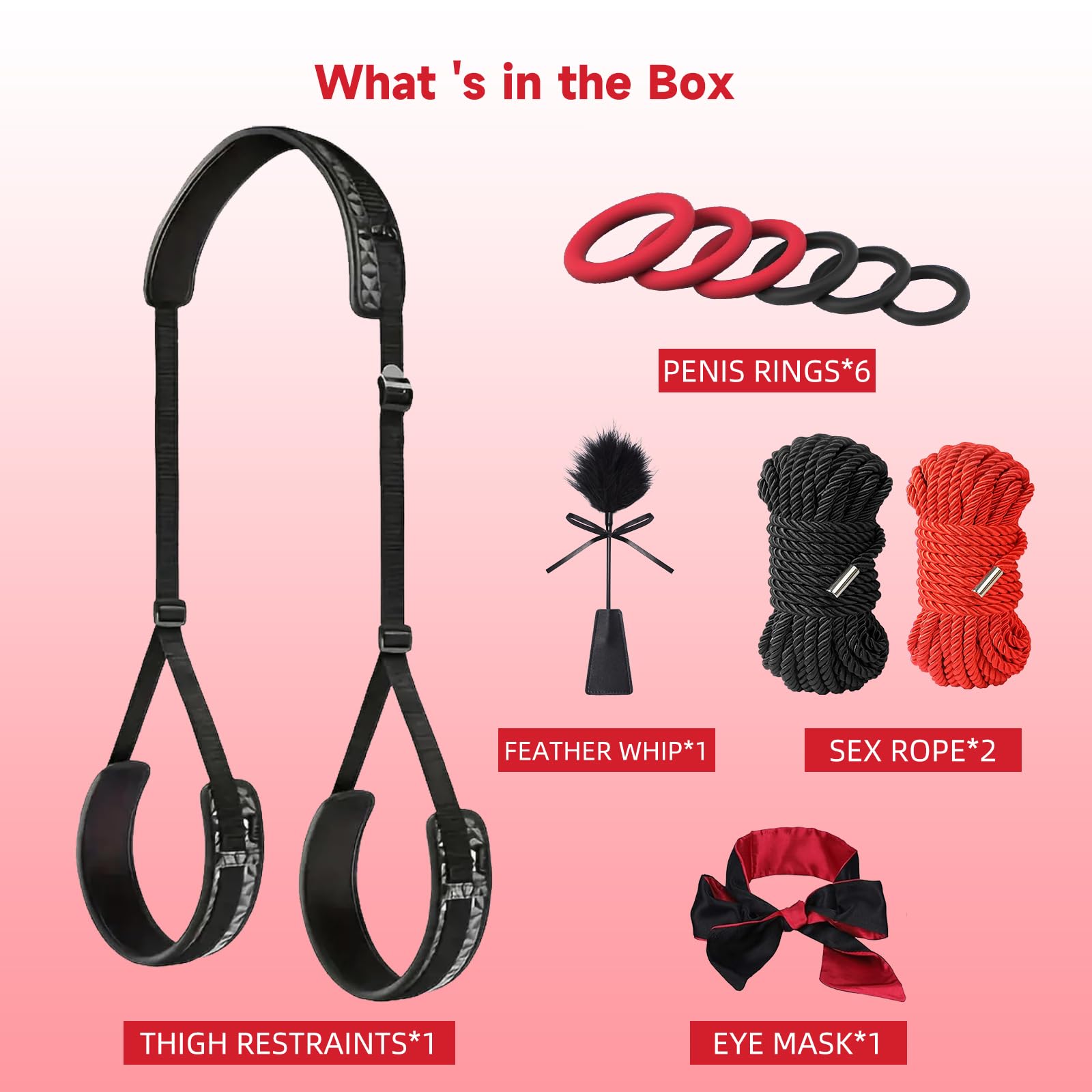 Premium BDSM Bondage Kit - Adjustable Thigh Sling, Leg Restraints & Bed Straps Set with Blindfold, Whip & Cock Ring for Couples Play (Black) - Perfect for Spicing Up Your Bedroom, BDSM Scenes & Role Play Adventures