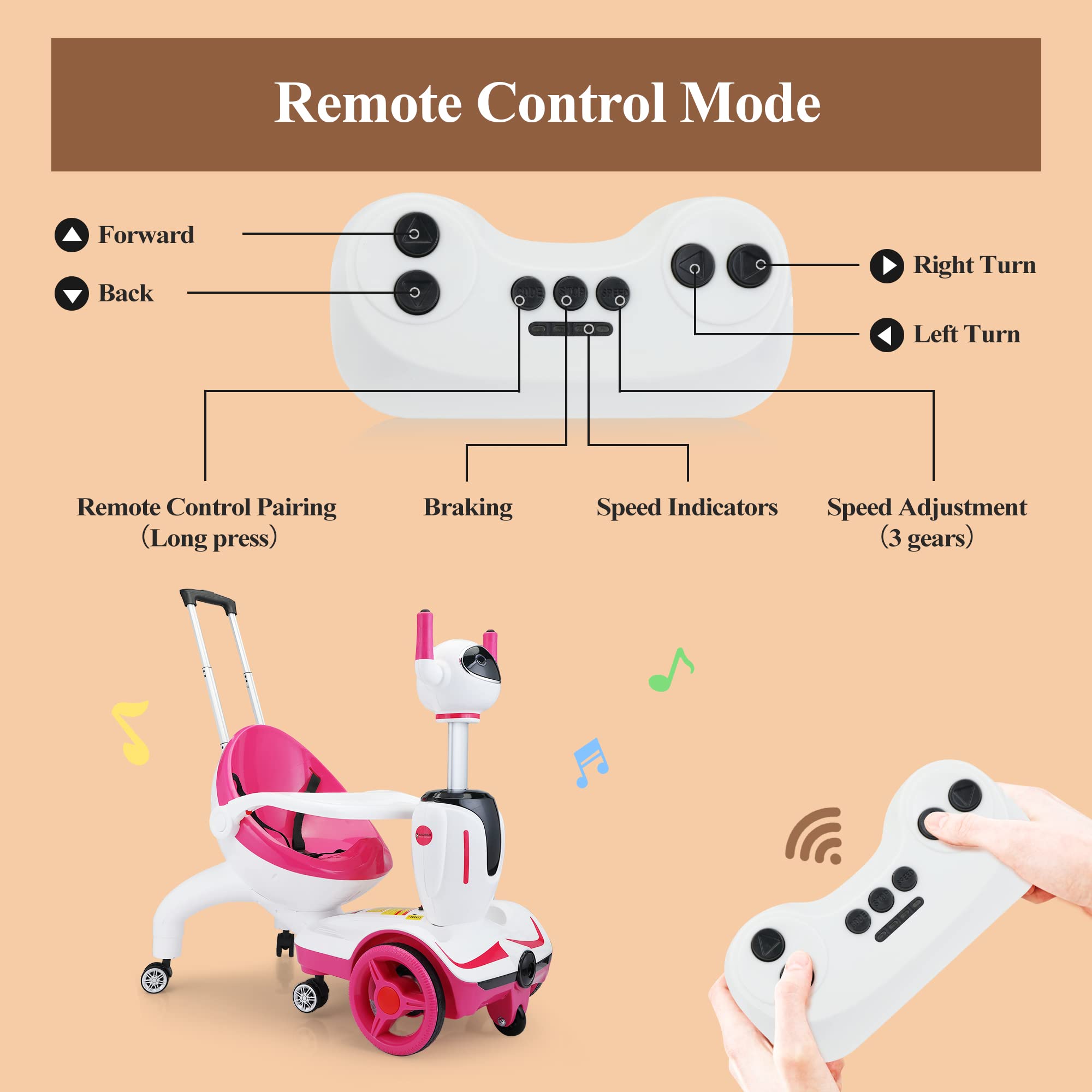 TOBBI Kids 3-in-1 Electric Robot Buggy Toy - Remote Control Ride On Car & Scooter for Toddlers with Speed Adjustment & Safety Stop - Convertible Push Buggy, Electric Car & Scooter (Pink & White) - Perfect for Indoor Play, Outdoor Adventures & Birthday Gifts