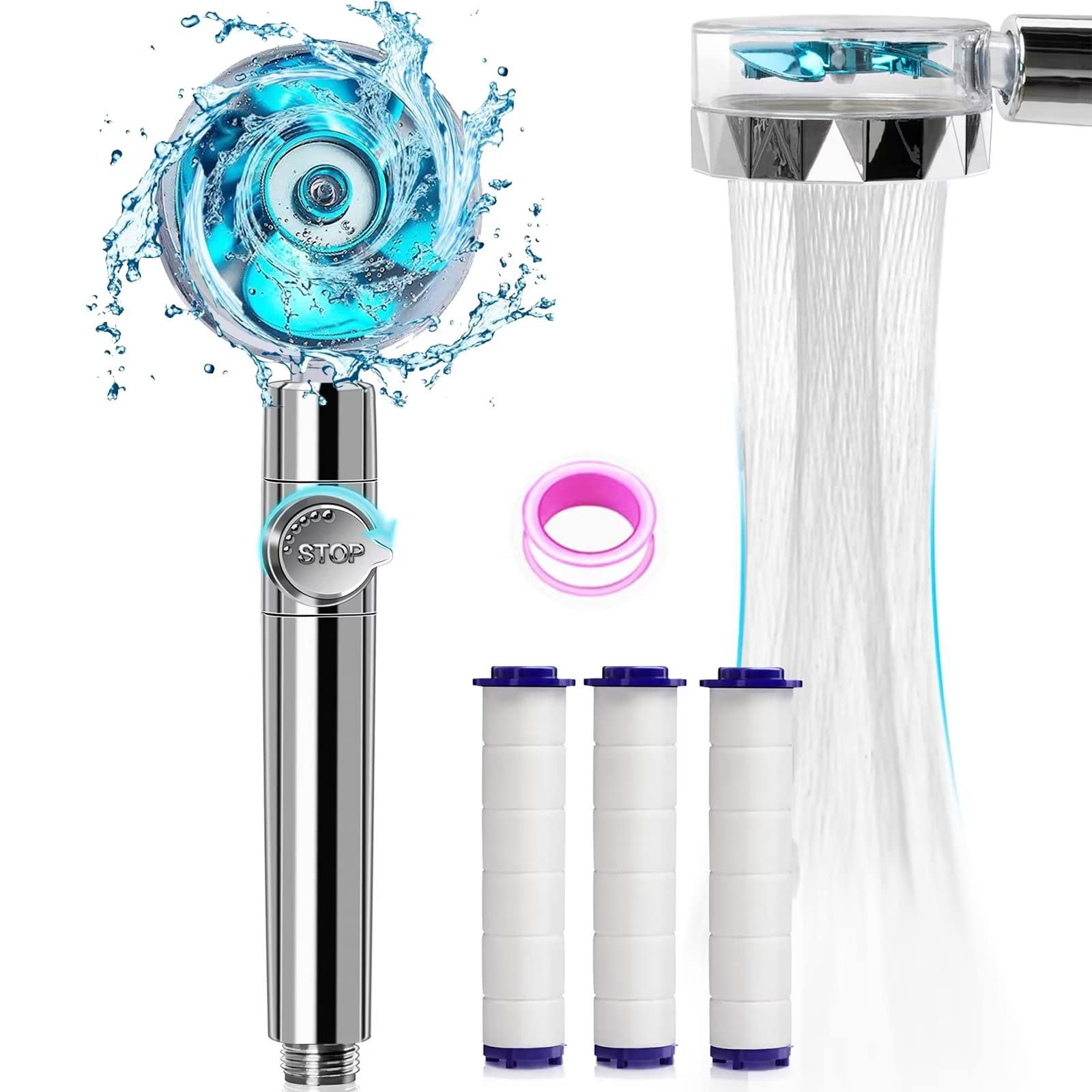 Filtered Handheld Shower Head with 3 Filters - Turbo Fan for Bathroom & Pet Cleaning