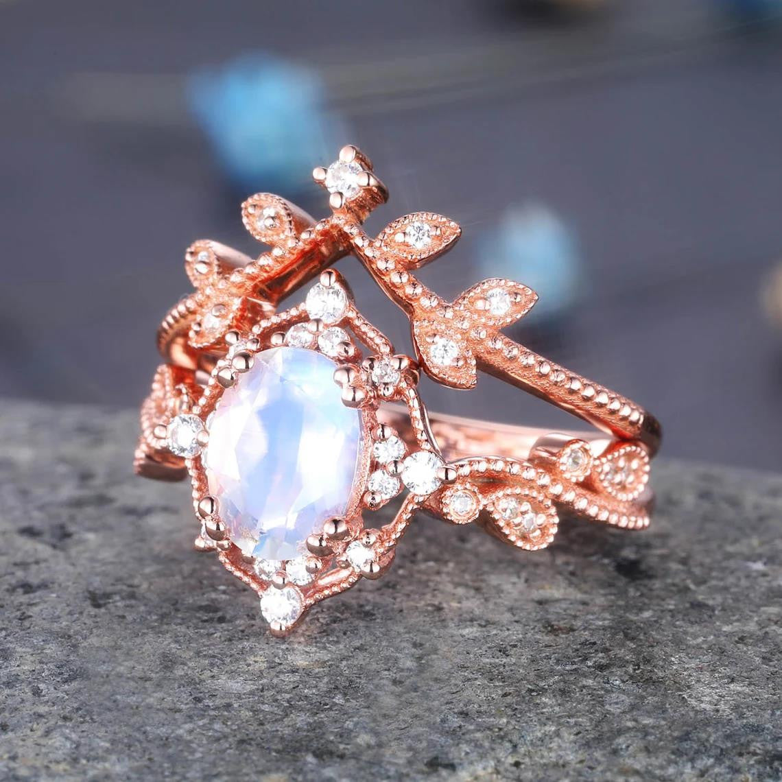 Rose Gold Oval Moonstone Engagement Ring Set with Diamond Eternity Band - Stackable Crown Ring for June Birthstone - Perfect for Weddings, Anniversaries & Special Occasions