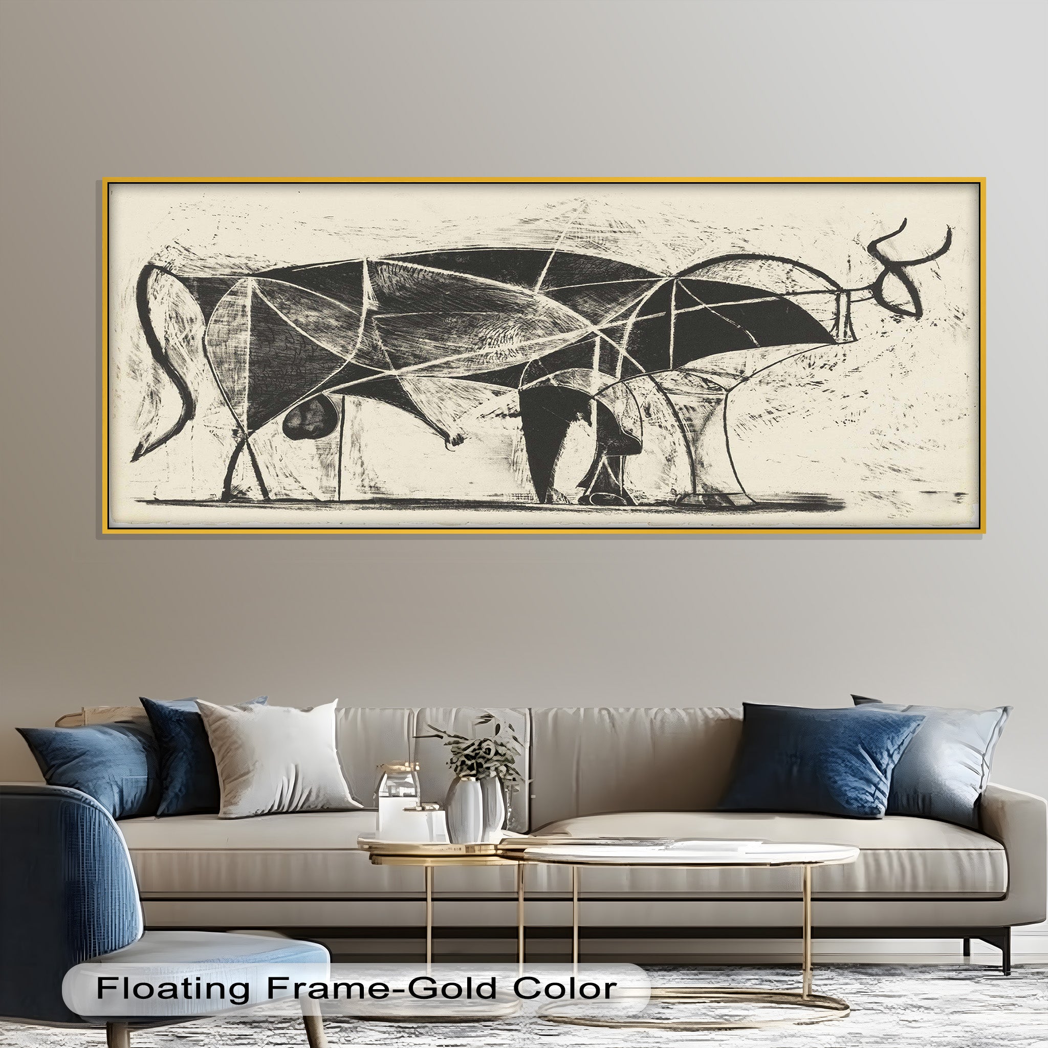 Abstract Bull Sketch Wall Art - Modern Cubist Oil Painting for Living Room, Office & Gallery Decor