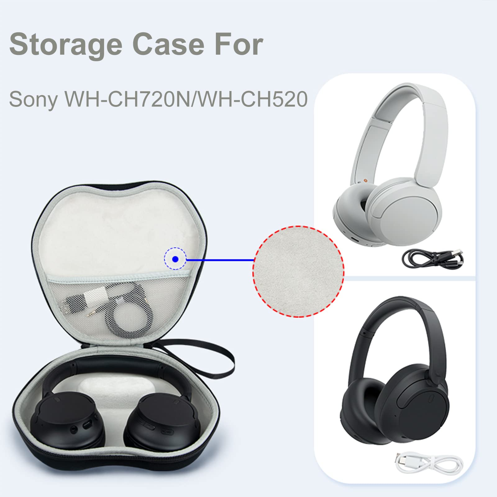 Premium EVA Protective Carrying Case for Sony WH-CH720N & WH-CH520 Headphones - Durable Travel Storage with Accessories Mesh Bag (Black) - Perfect for Travel, Commuting, and Home Organization