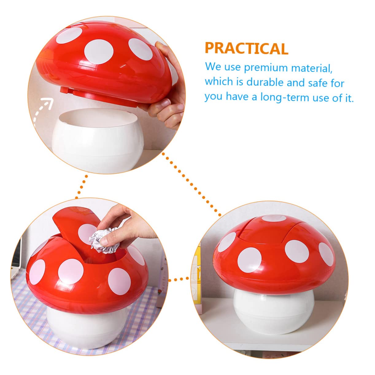 Mushroom Shaped Desk Trash Can - Small Decorative Waste Basket with Lid for Office & Home - Cute Red Garbage Bin for Desk, Bedroom, Dorm Room, Kids Room