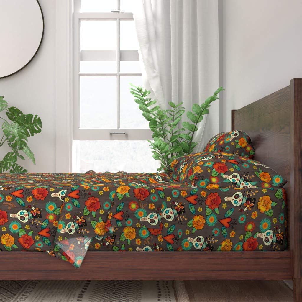 Premium 100% Cotton Twin 3-Piece Sheet Set with Sugar Skull Day of the Dead Halloween Mexican Calavera Print - Soft Bedding for Guest Rooms, Dorm Decor & Themed Parties