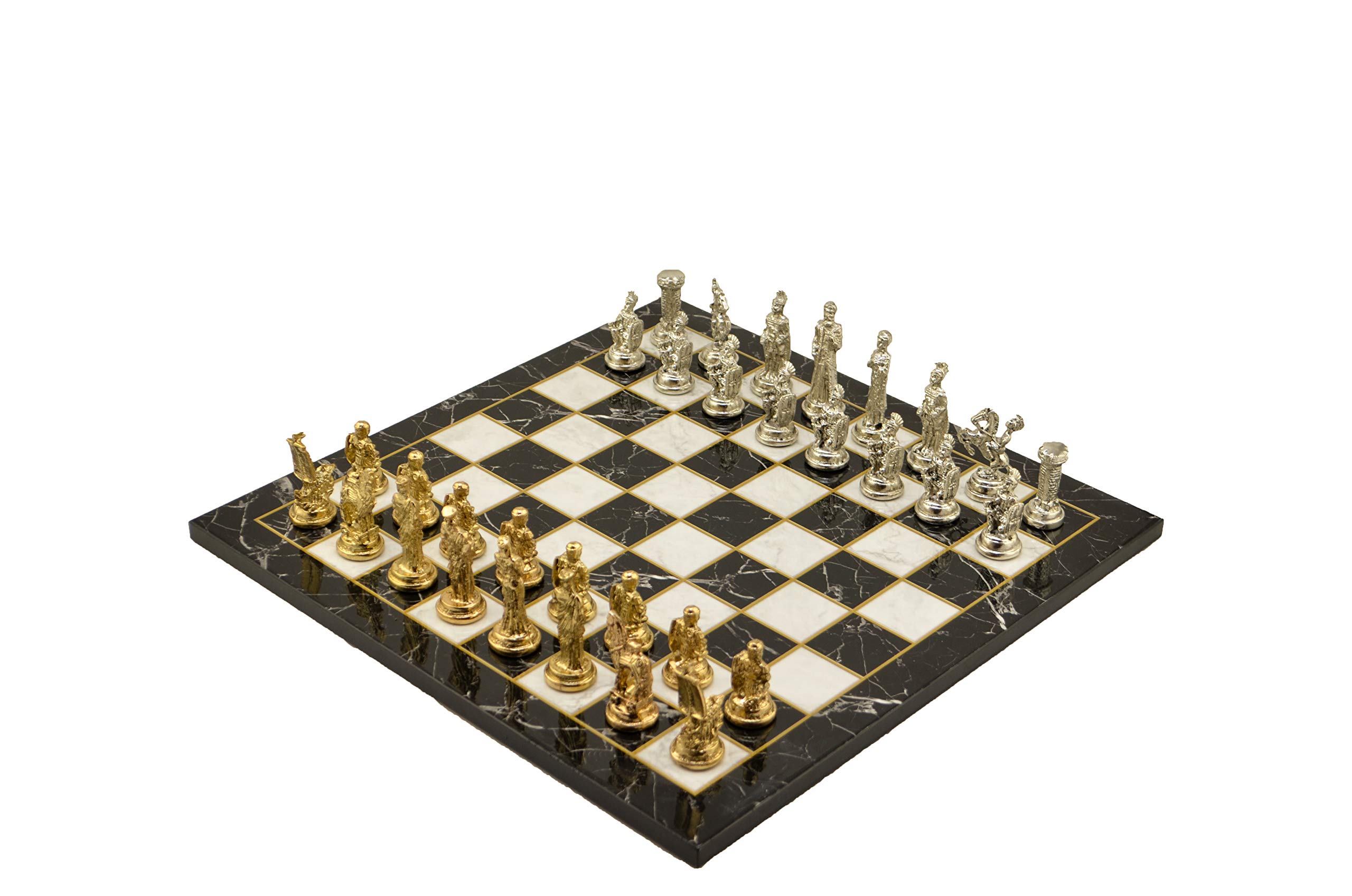 Handmade Metal Chess Set for Adults - Historical Troy vs Spartan Figures with Unique Wooden Chess Board (Black Marble) | Perfect for Home Decor, Game Nights & Collector's Display