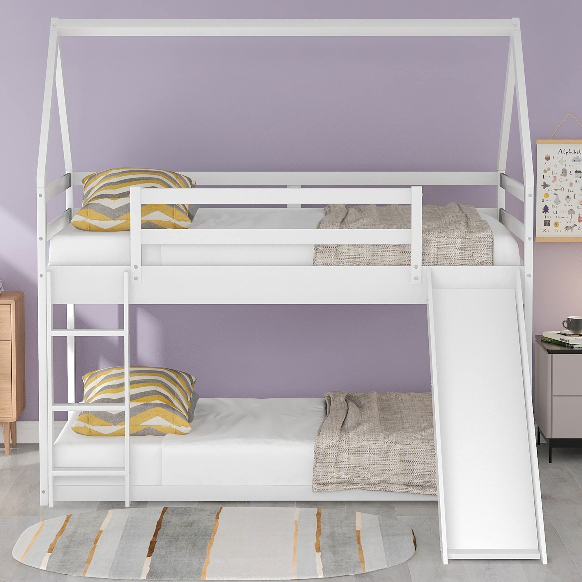 P PURLOVE Twin Over Twin Wooden House Bunk Bed with Slide & Ladder - Low Floor Kids Bunk Bed with Roof for Bedroom, Playroom or Living Room - Perfect for Children & Teens Sleep and Play