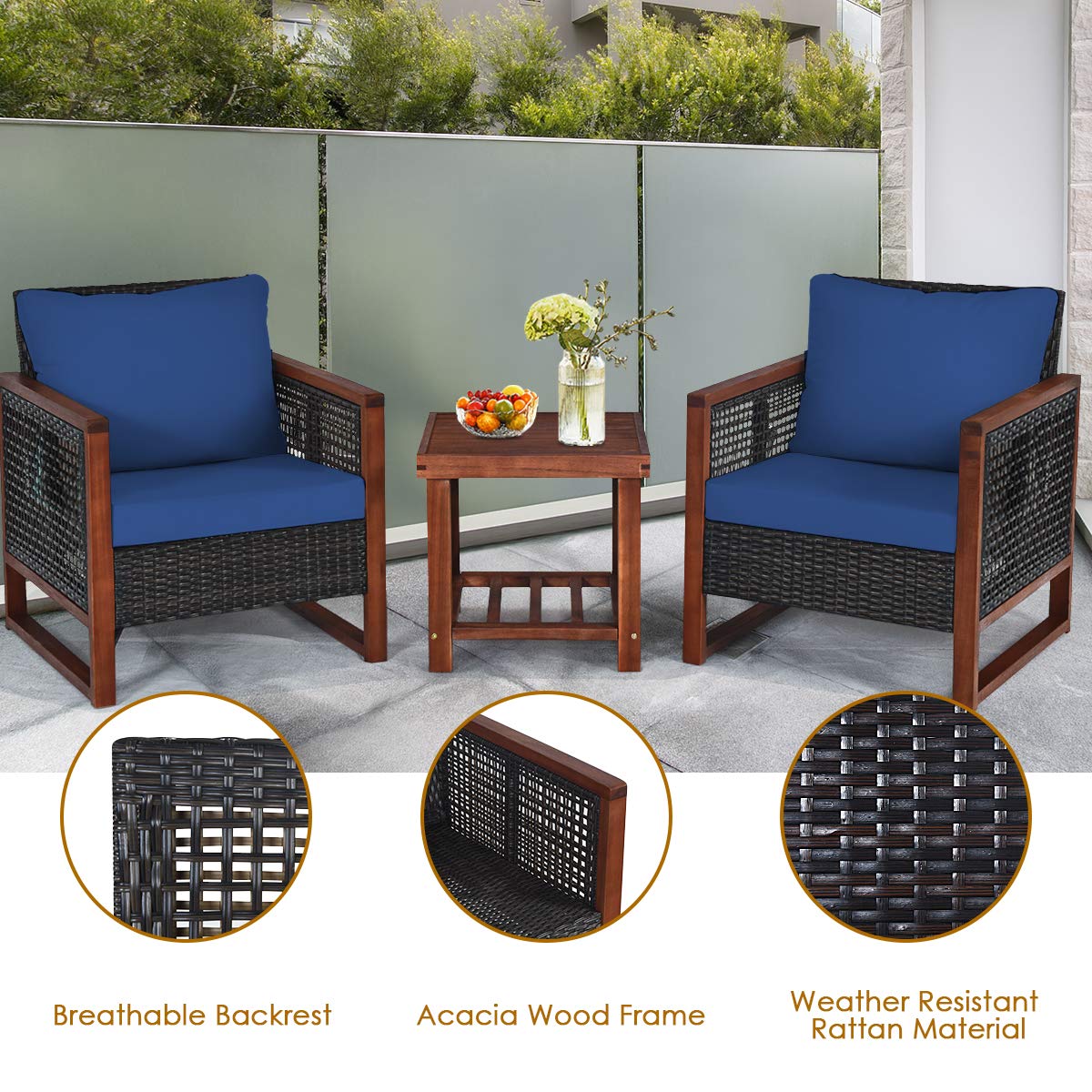 HAPPYGRILL 3-Piece Outdoor Patio Furniture Set - Wicker Chairs with Coffee Table, Acacia Wood Frame & Washable Cushions - Perfect for Garden, Poolside, Backyard, Balcony & Porch Relaxation