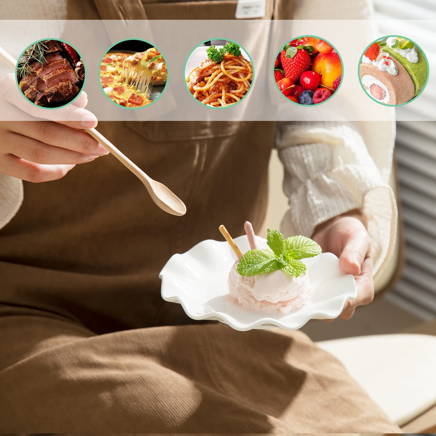 6 Inch Porcelain Appetizer Plates Set of 18 - Small Dinner Plates & Dessert Salad Dishes with White Wave Rim - Microwave, Oven & Dishwasher Safe - Perfect for Cake, Snack, Ice Cream, Waffles, Parties & Home Entertaining