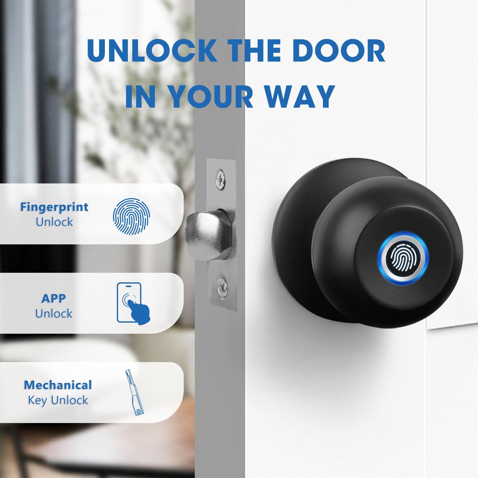 Smart Keyless Entry Door Lock - Fingerprint & Bluetooth App Control, Auto-Locking Biometric Door Handle with Key Backup - Secure Smart Lock for Front Door, Bedroom, Apartment & Vacation Homes (Easy Installation & Remote Access)