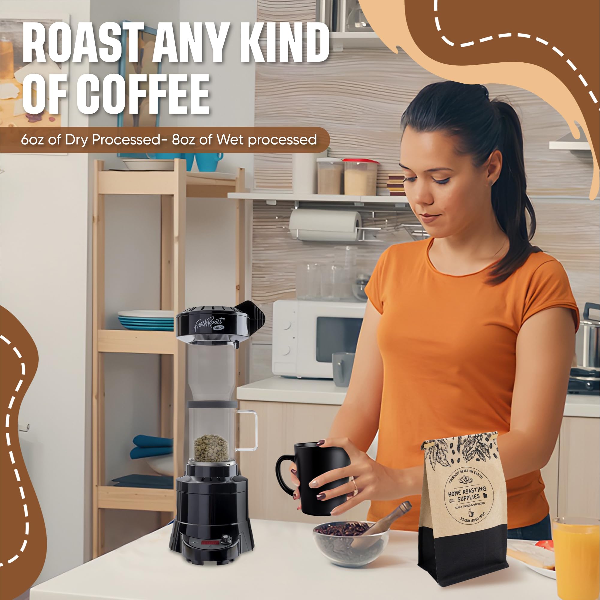 Fresh Roast SR800 Coffee Roaster Bundle with Glass Extension Tube, Coffee Bean Cooler, 2 Lbs Green Beans Sample Pack & 2 Sample Trays - Perfect for Home Coffee Roasting Enthusiasts & Small Batch Artisan Coffee Shops