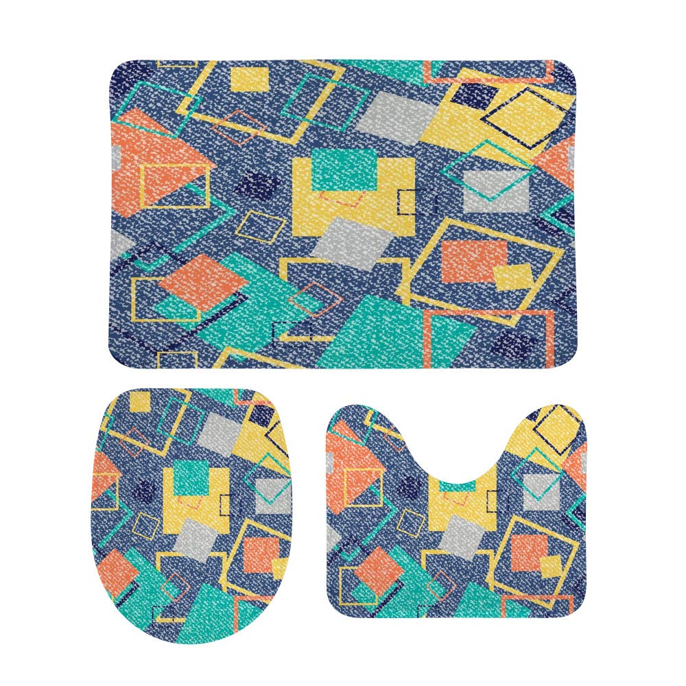 3-Piece Non-Slip Bathroom Rug Set - Soft Coral Fleece Contour Toilet Mat, Shower Mat & Lid Cover with Denim Design for Bathroom Safety & Comfort | Perfect for Modern Bathrooms, Guest Baths & Apartment Decor