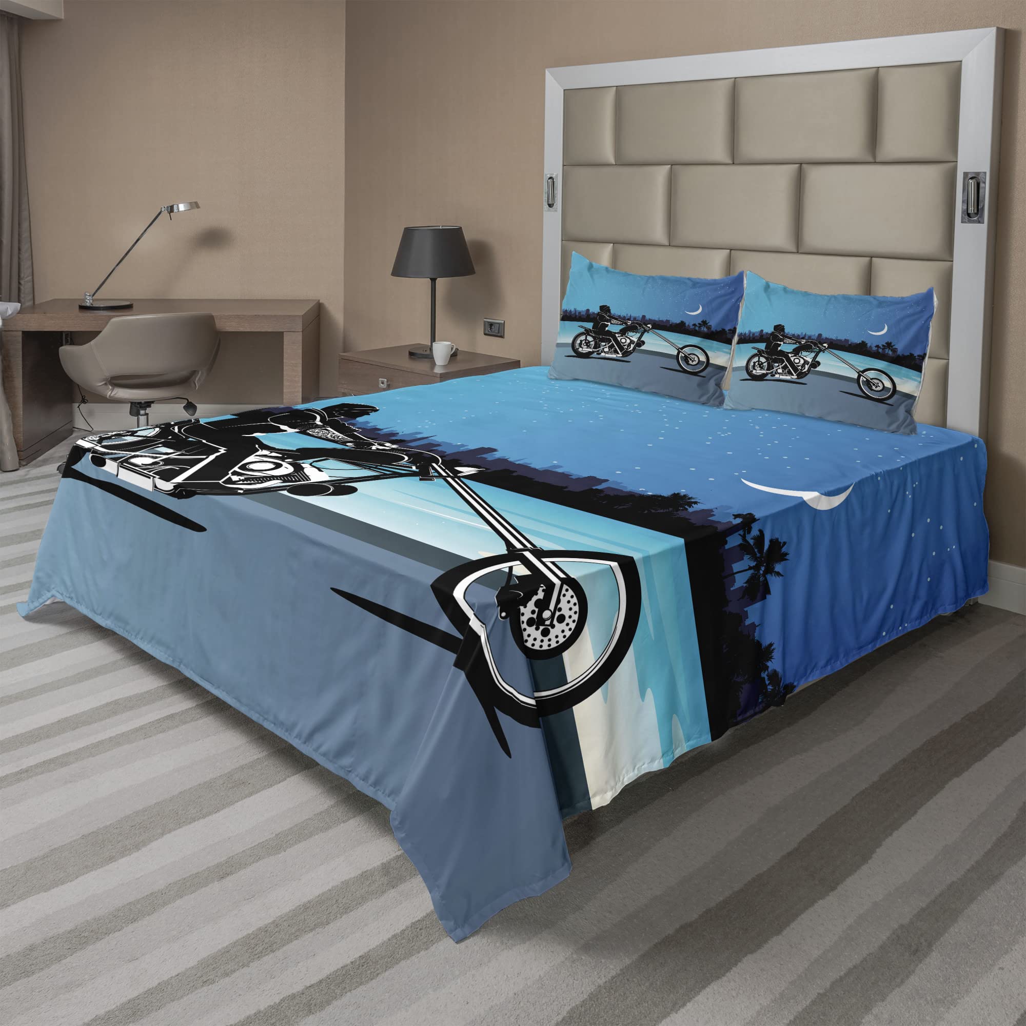 Ambesonne Motorcycle Bedding Set - 4 Piece Chopper Biker Riding Starry Night Sky Cityscape Silhouette Design, Full Size Fitted & Flat Sheets with Pillowcases, Black Navy - Perfect for Motorcycle Enthusiasts' Bedrooms, Guest Rooms & Biker Themed Decor