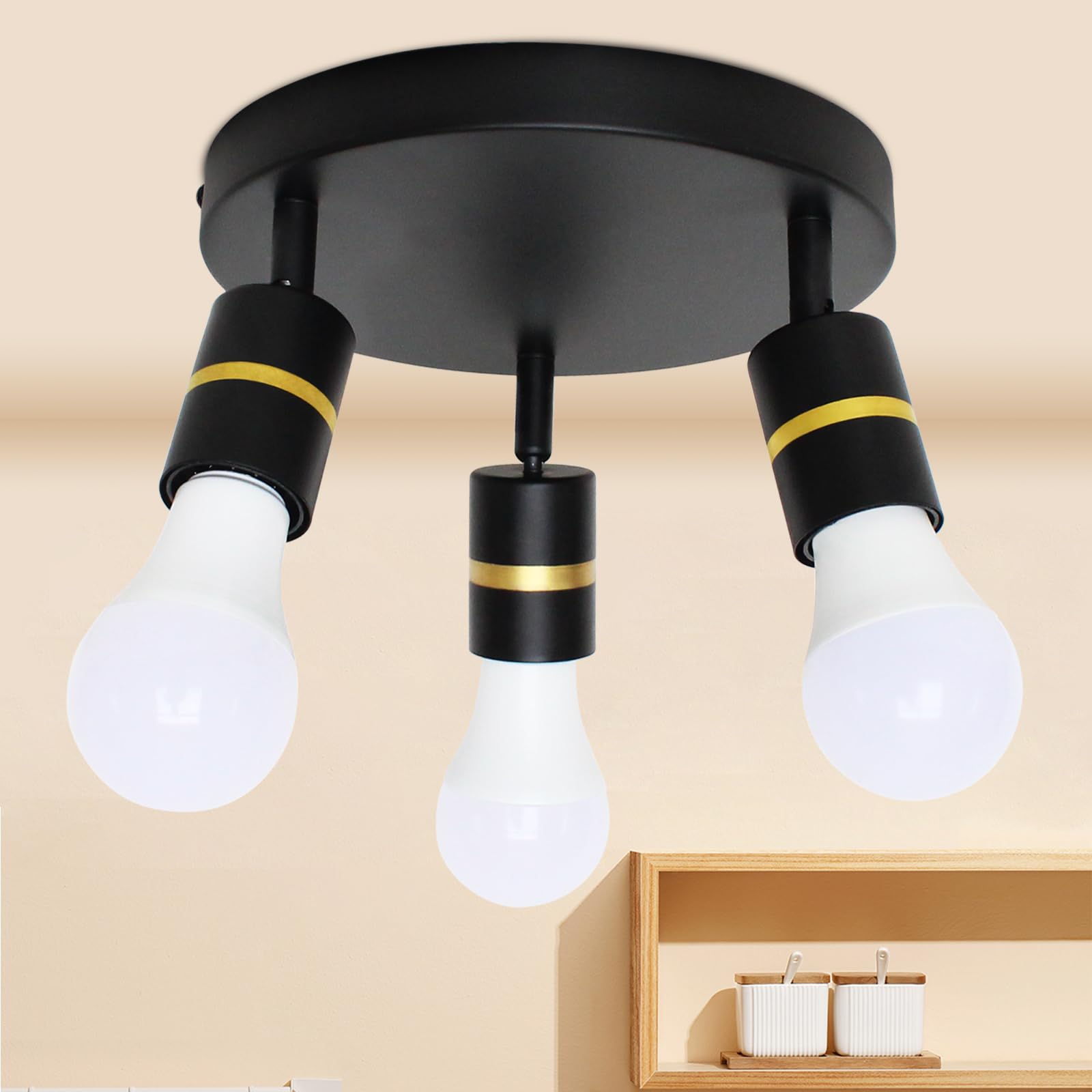 3-Lights Adjustable Track Lighting Fixture, Black Flush Mount Ceiling Light with Rotatable Spotlights for Kitchen, Living Room, Hallway - E26 Base (Bulbs Not Included) | Modern Home & Office Lighting Solution