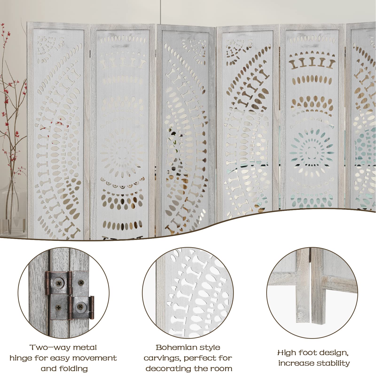 ECOMEX 6 Panel Folding Room Divider - Freestanding Privacy Screen with Carved Wood Design for Bedroom, Home Office, Apartment, Studio, Hotel, Restaurant, Garden & Terrace - Perfect for Creating Private Spaces & Room Partition (White)
