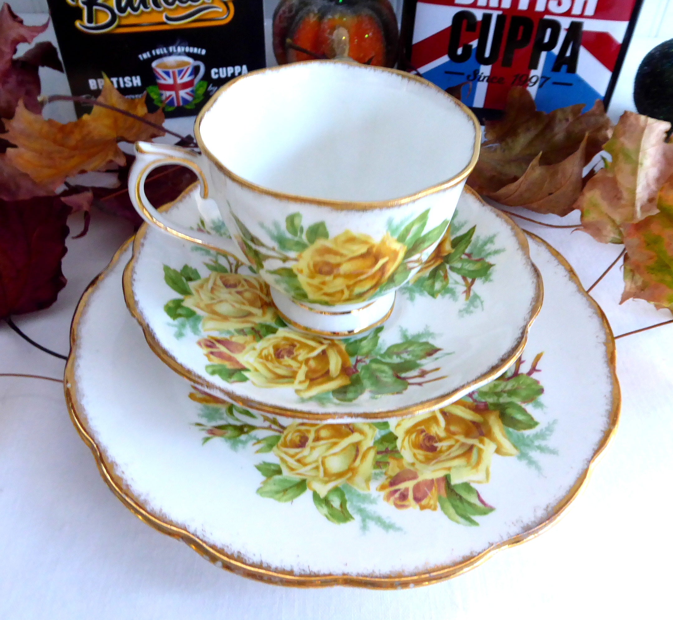 Vintage Royal Albert Tea Rose Trio Set - Yellow Roses English Bone China Teacups (1940s) | Elegant Afternoon Tea, Bridal Shower, Collectible Display