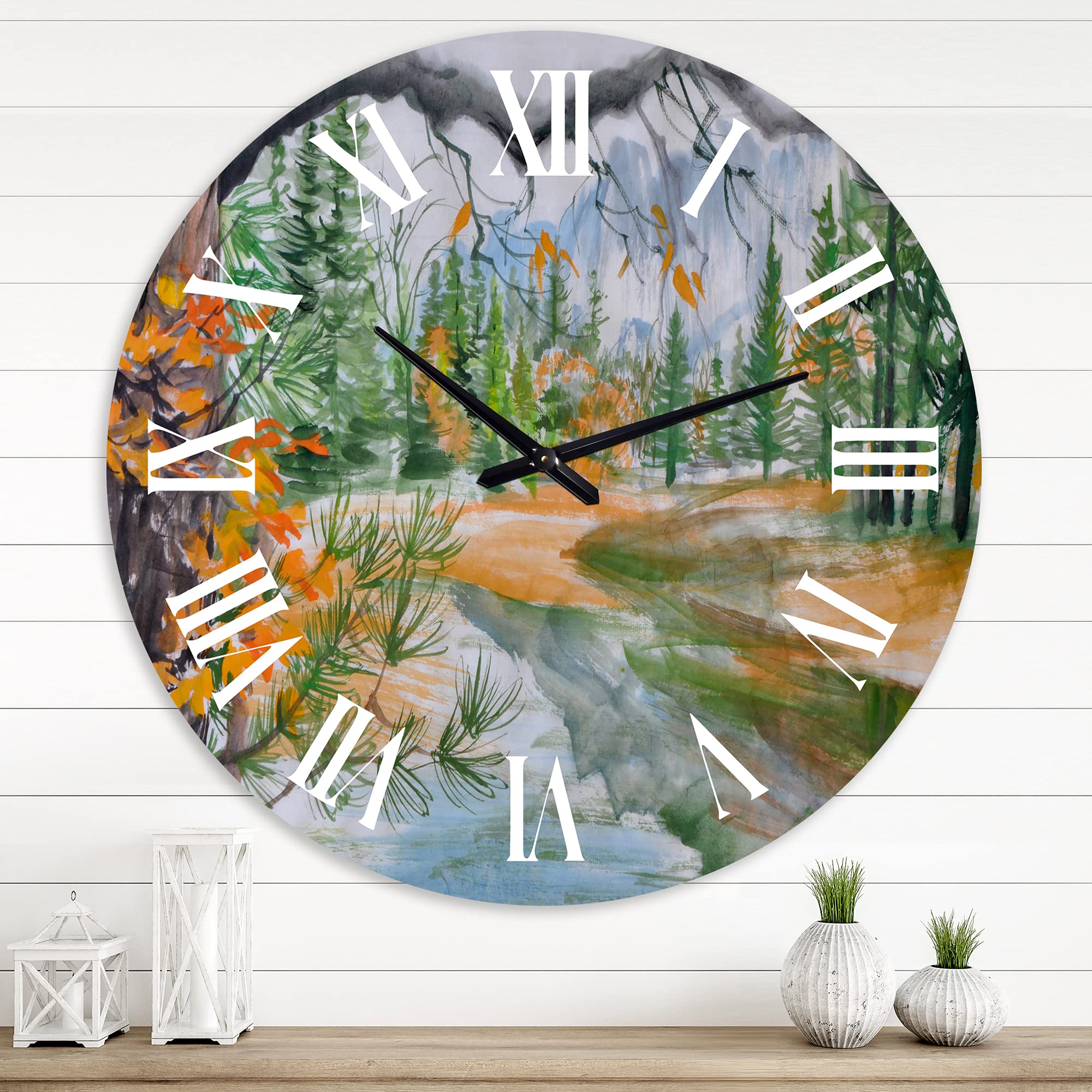 DesignQ Lake House Wall Clock - Autumn Forest River Landscape Large Wall Decor for Living Room, Bedroom & Office | Nature-Inspired Home Décor