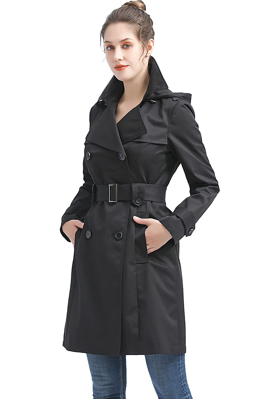 BGSD Women's Emma Waterproof Hooded Trench Coat - Raincoat for All Seasons, Regular & Plus Sizes (S-XXL) | Windproof Long Coat for Commuting, Travel & Outdoor Activities