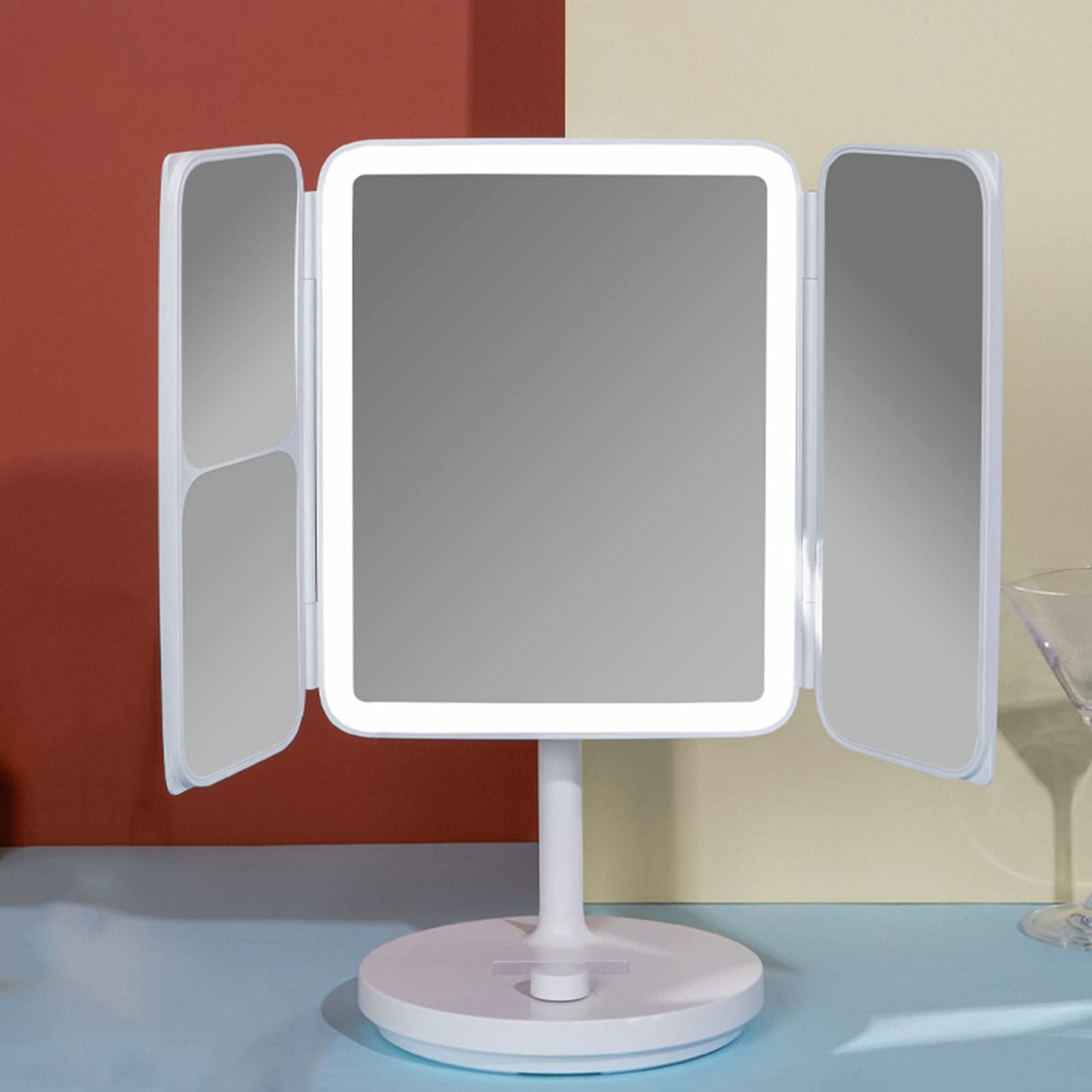 Tri-Color Dimmable LED Makeup Mirror with Touch Control - Adjustable Brightness, 2X/5X Magnification & Digital Clock | Portable Folding Vanity Mirror for Home, Travel & Professional Makeup Artists (White)