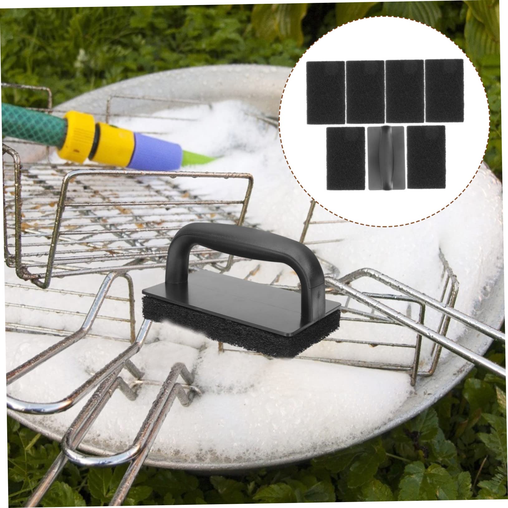 Multi-Functional Kitchen Brush with Handle - Heavy Duty Scrub Sponges for Grilling Rack, Pots & Pans Cleaning - Perfect for BBQ, Camping & Household Cleaning