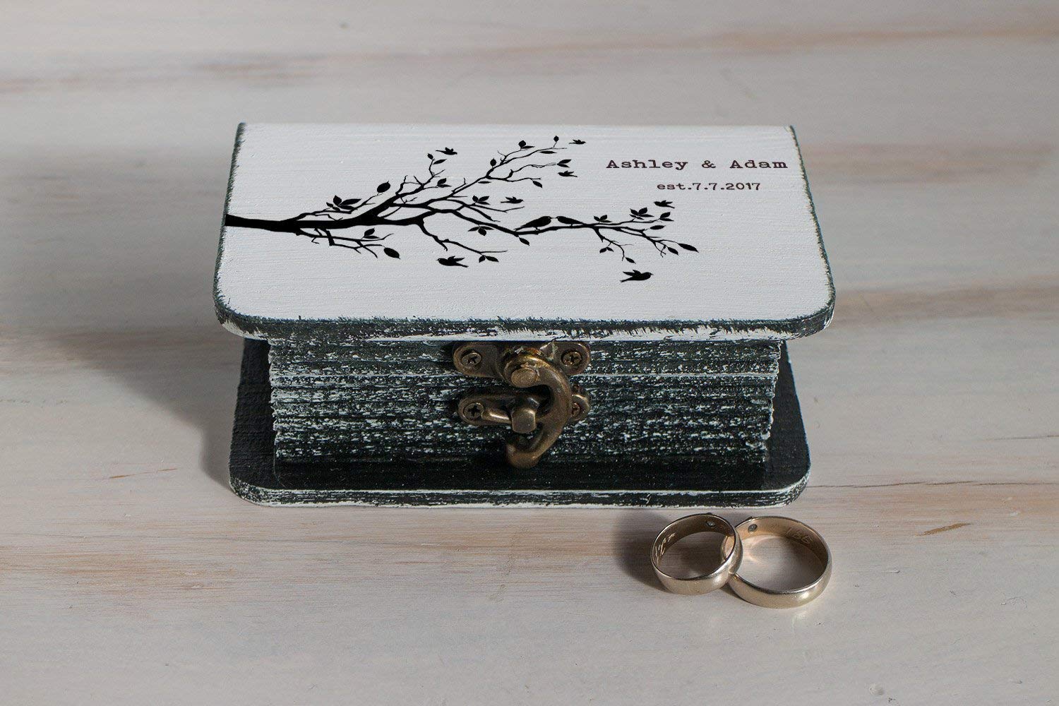 Personalized Wedding Ring Box - Black & White Ring Bearer Box with Love Birds Design for Engagement & Wedding Ceremonies - Elegant Book-Shaped Ring Holder for Proposals & Vows