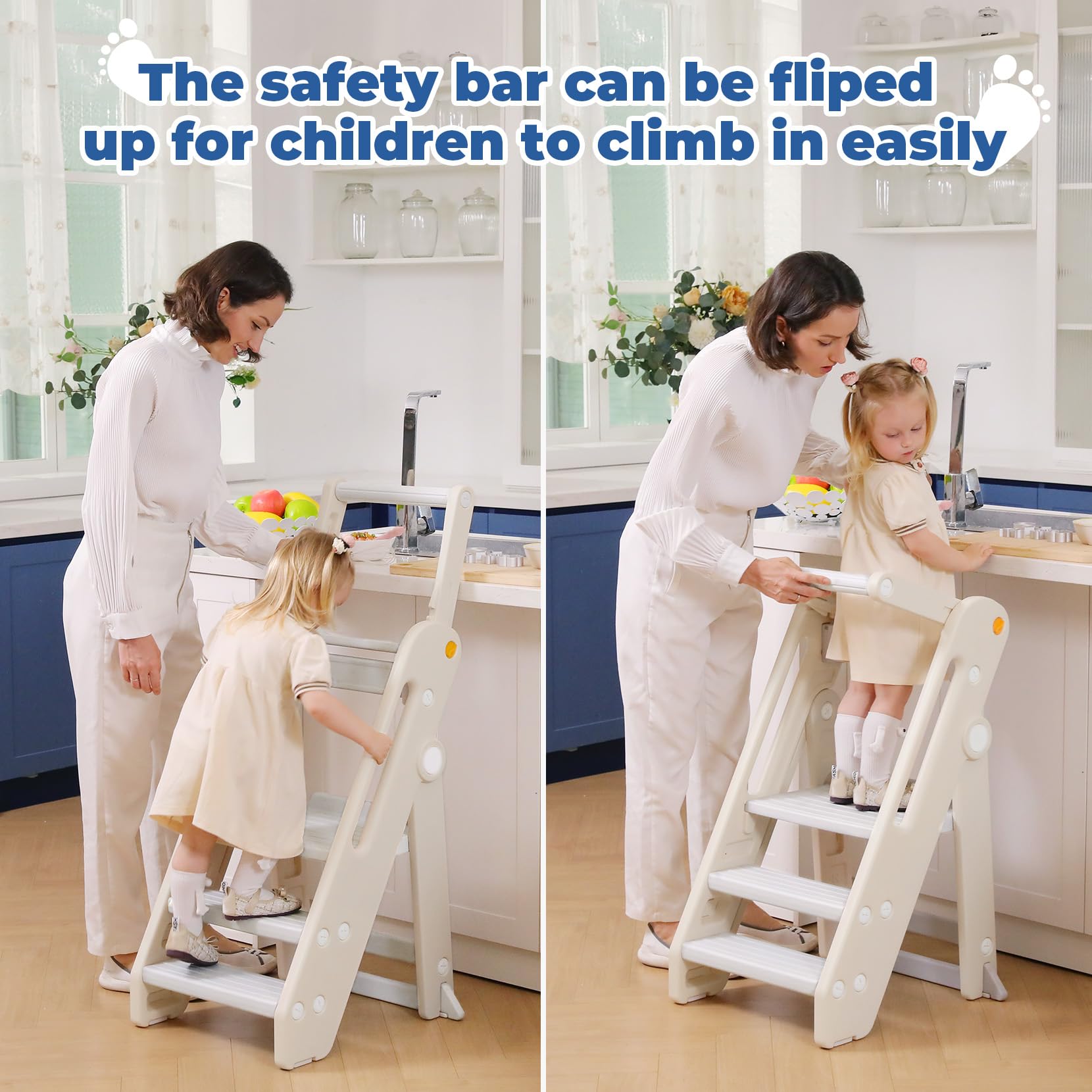 Onasti Foldable Adjustable Toddler Tower Kitchen Stool - Safe Learning Step Stool for Kids with Handles & Non-Slip Base | Perfect for Cooking, Baking & Bathroom Sink Access | Grey White