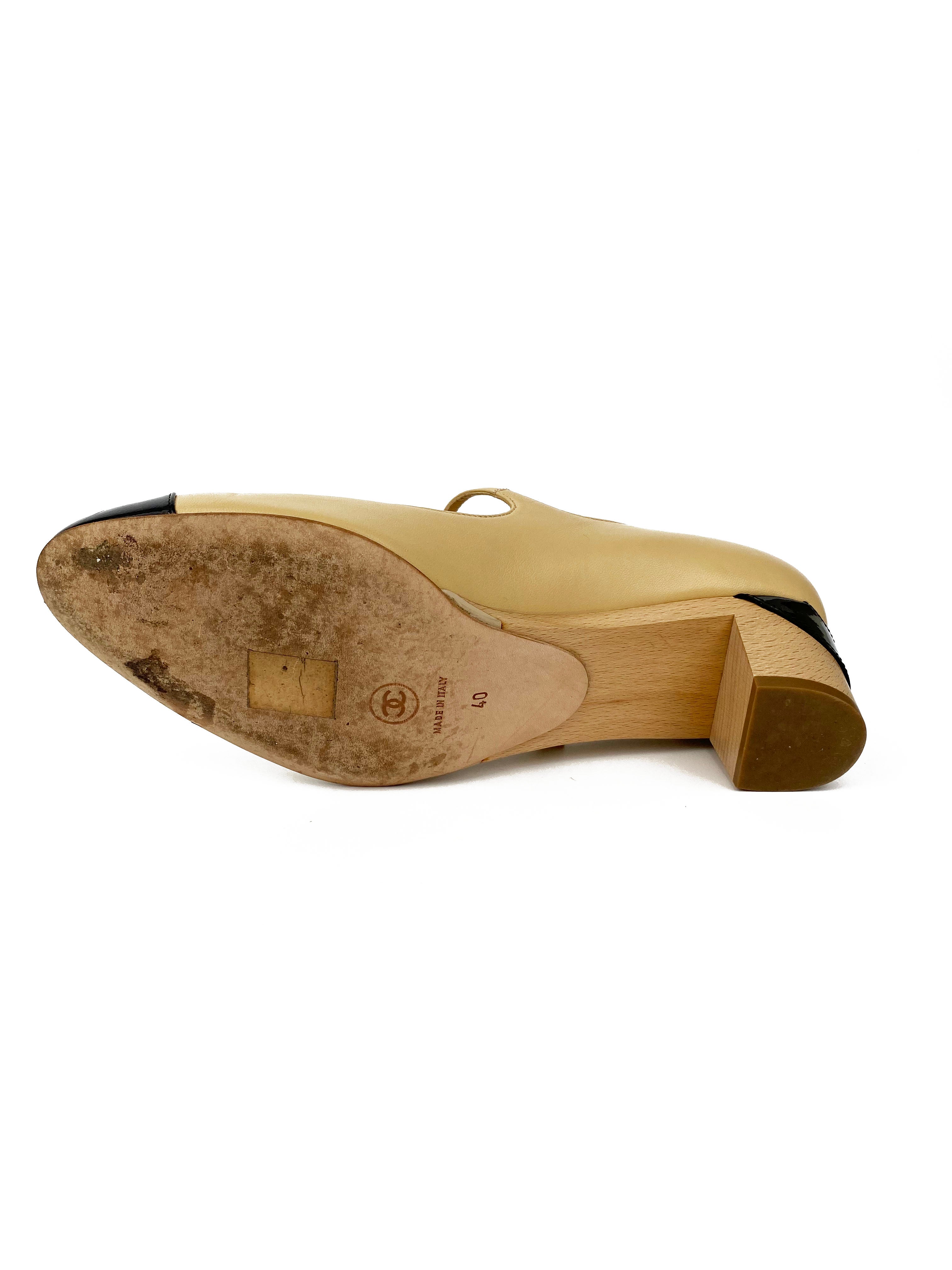 Chanel Nude & Black Leather Mary Jane Pumps with Camellia Flower Detail - Size 40 | Elegant Women's Dress Shoes for Weddings, Parties & Special Occasions